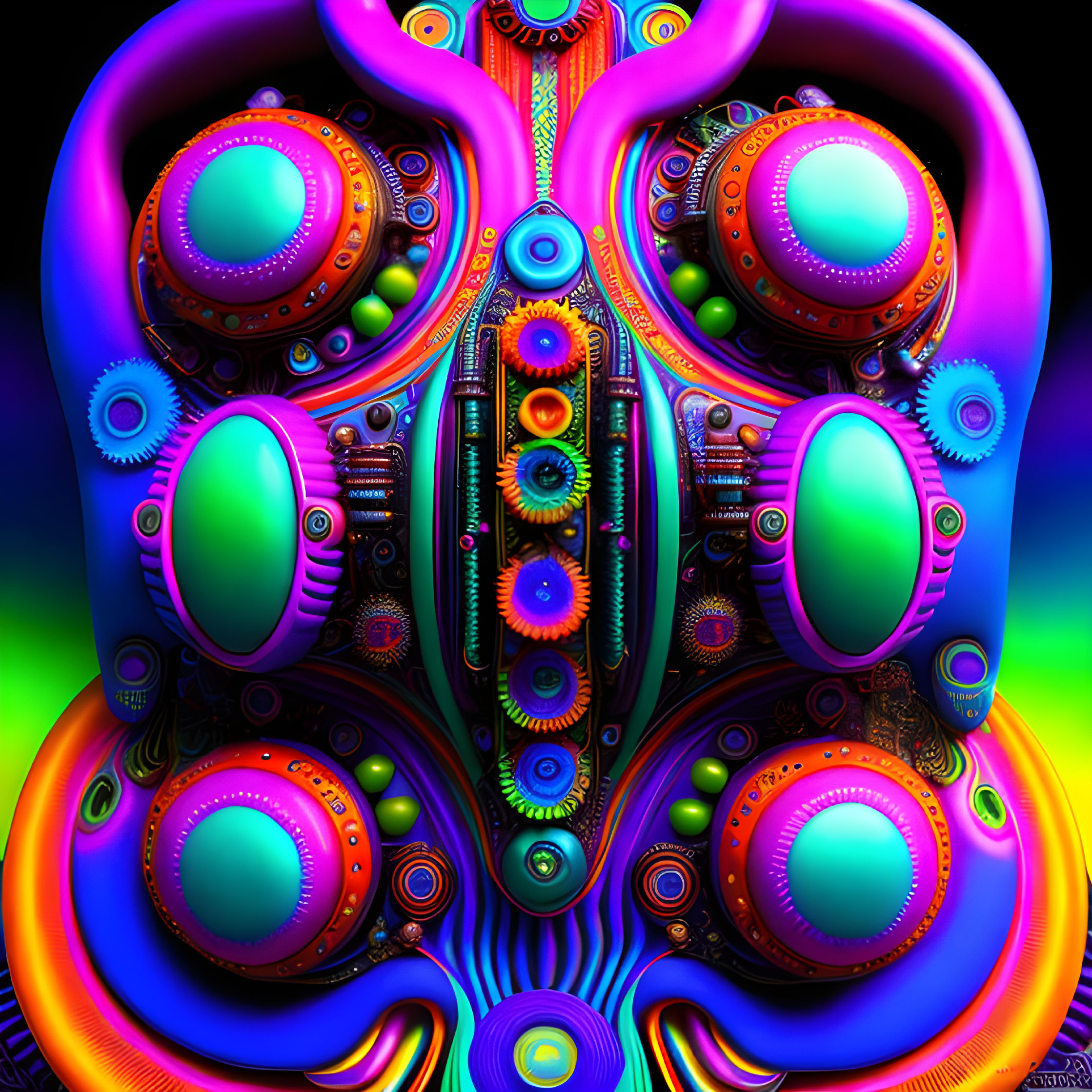 Colorful symmetrical fractal design: neon circles on dark background