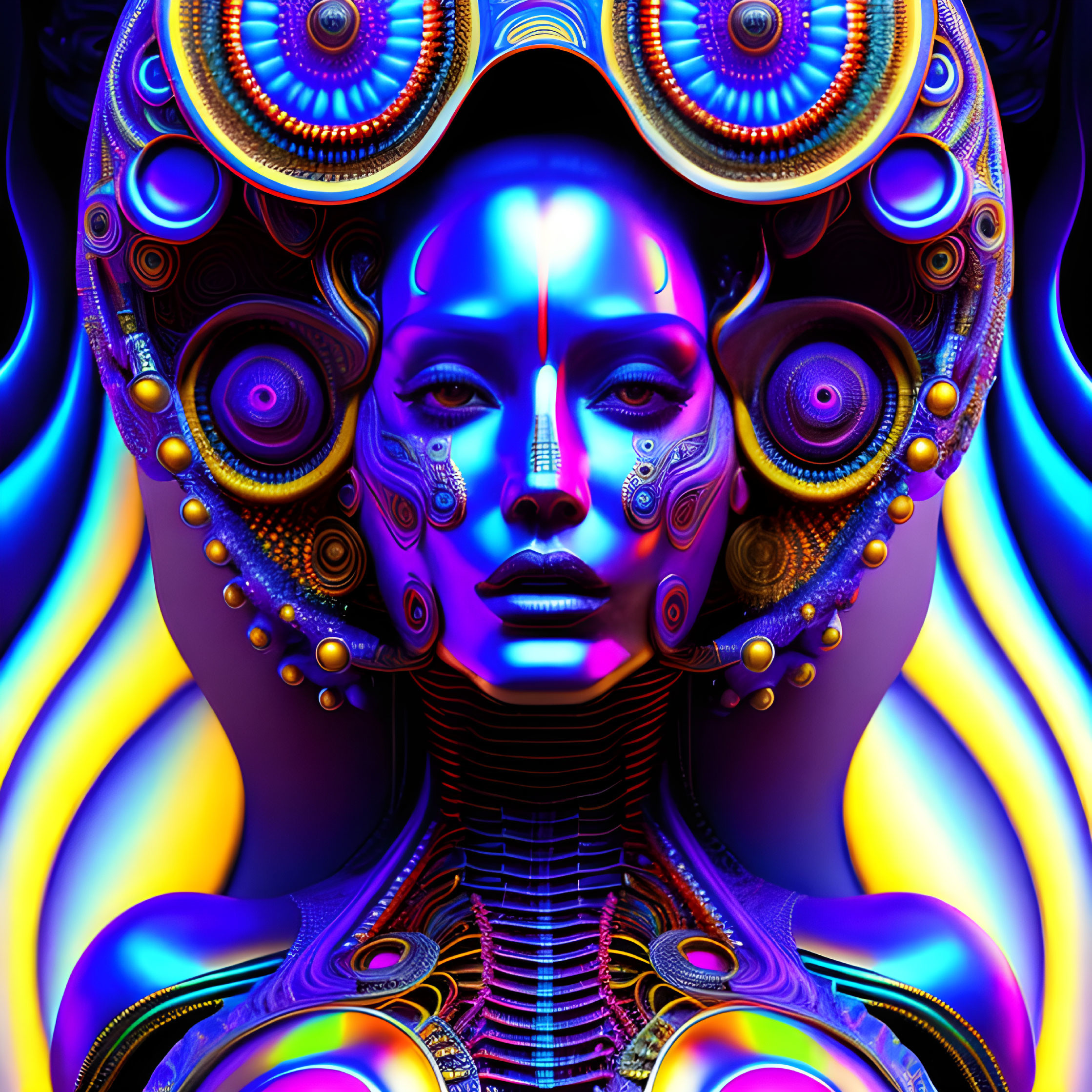 Symmetrical neon digital art with female figure