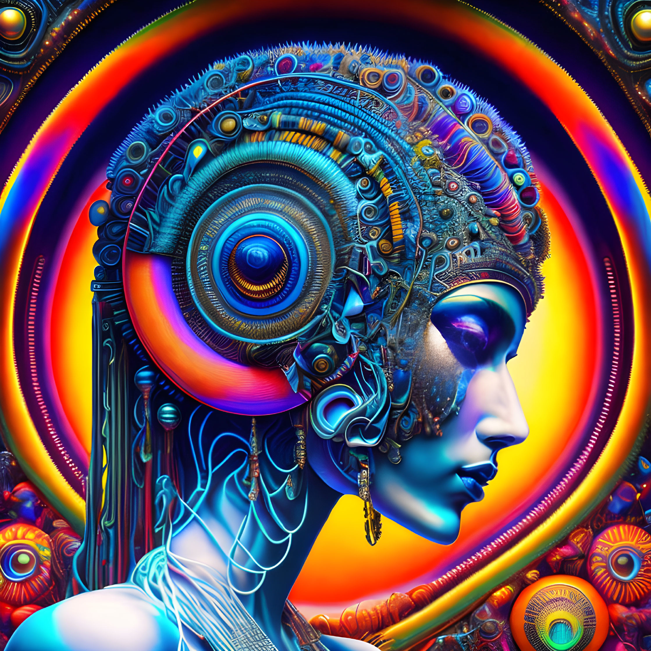 Colorful Female Cyborg Profile on Psychedelic Background