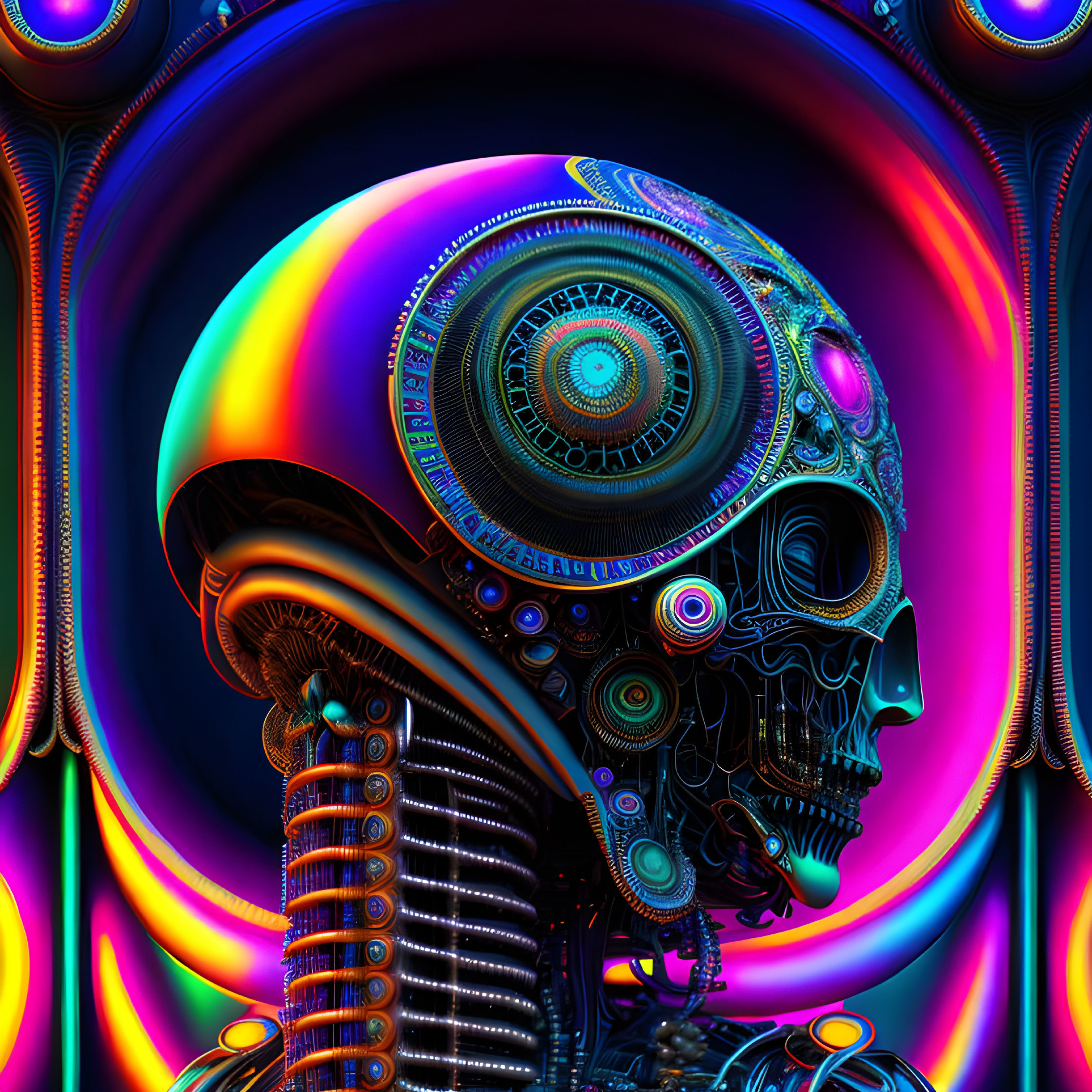 Colorful digital artwork of mechanical skull with intricate gears and patterns