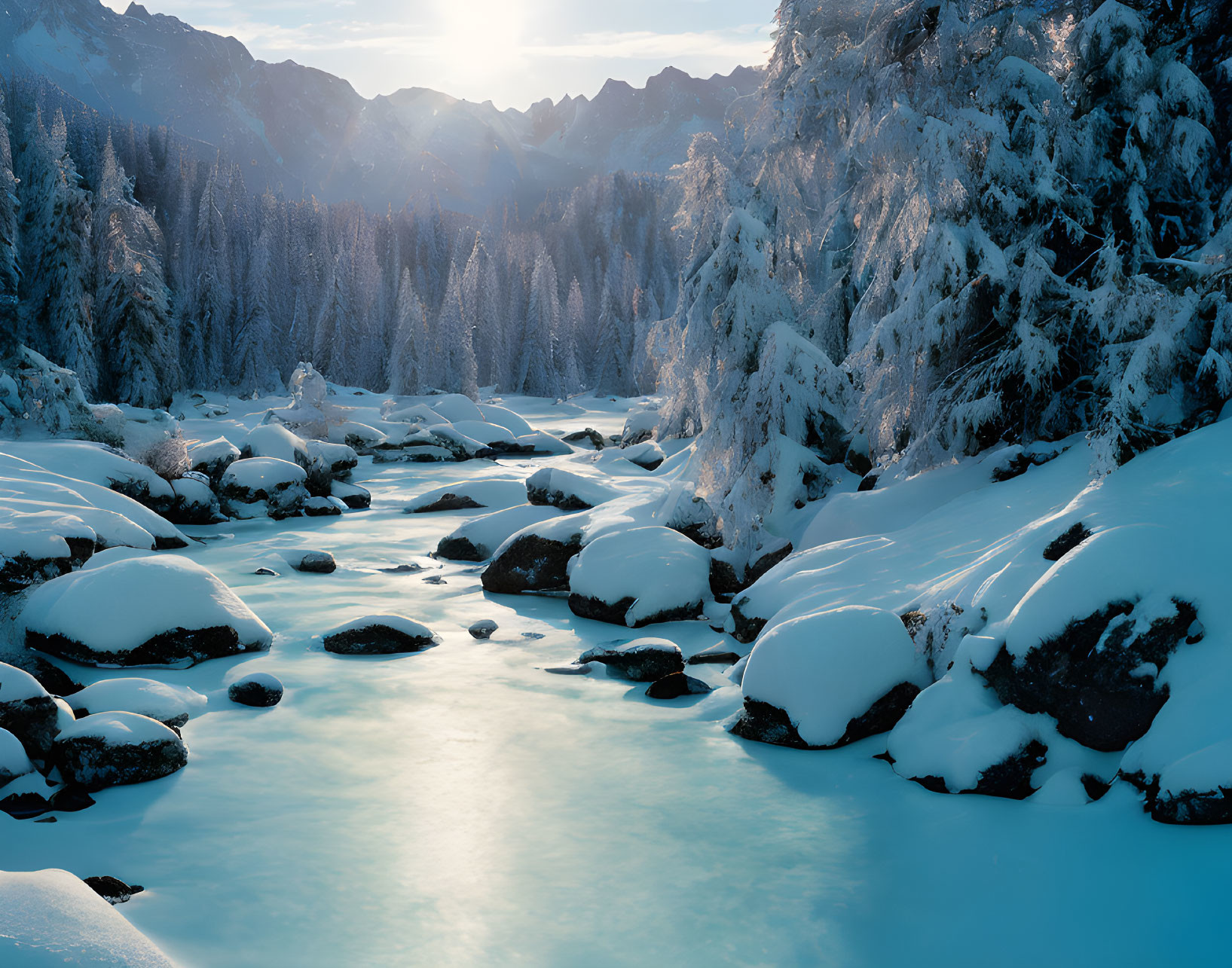 Snow-covered winter landscape with sunlit stream and frosty pine trees