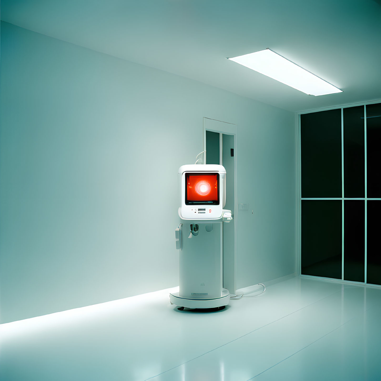 Futuristic room with glowing blue floors and walls, white robotic machine with red screen