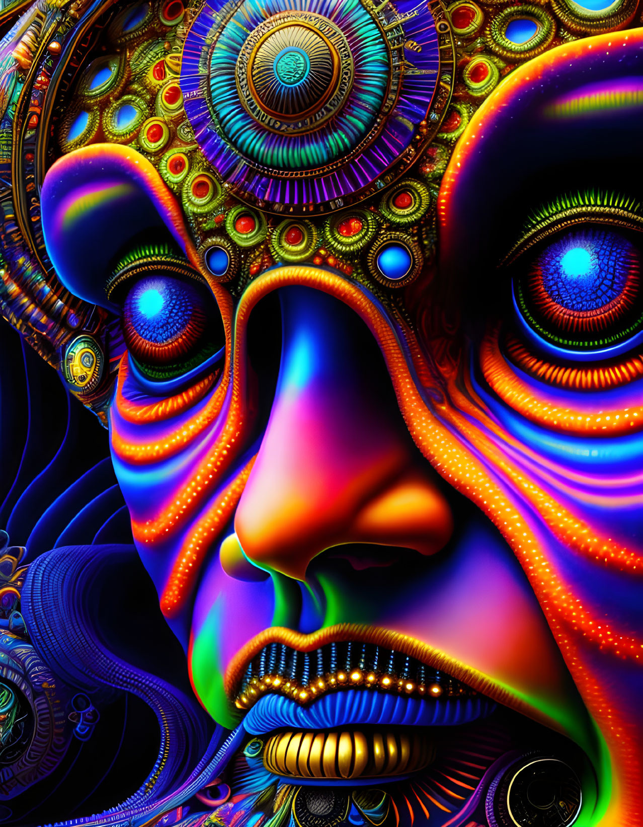 Colorful surreal digital art: face with multiple eyes & psychedelic patterns