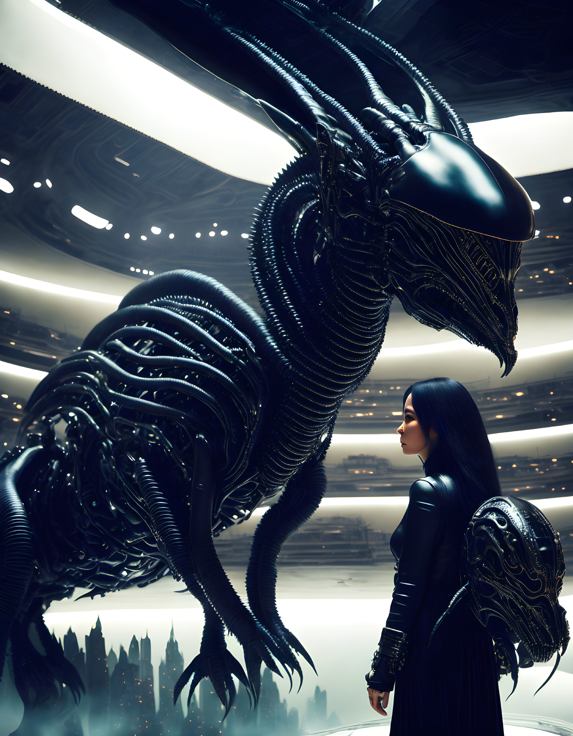 Woman in black faces large alien in futuristic space