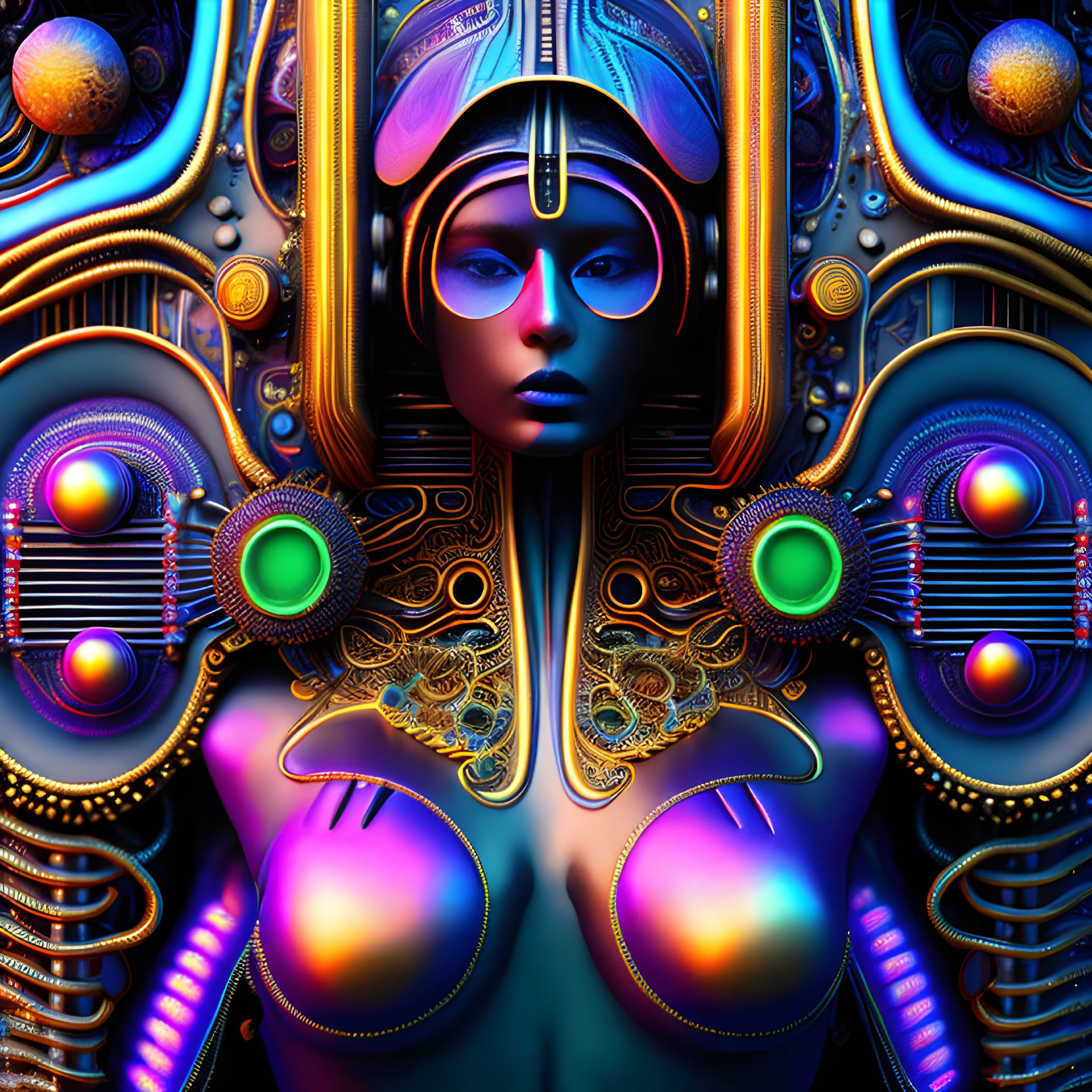 Colorful artwork featuring female figure with blue skin and Egyptian headgear in futuristic setting.