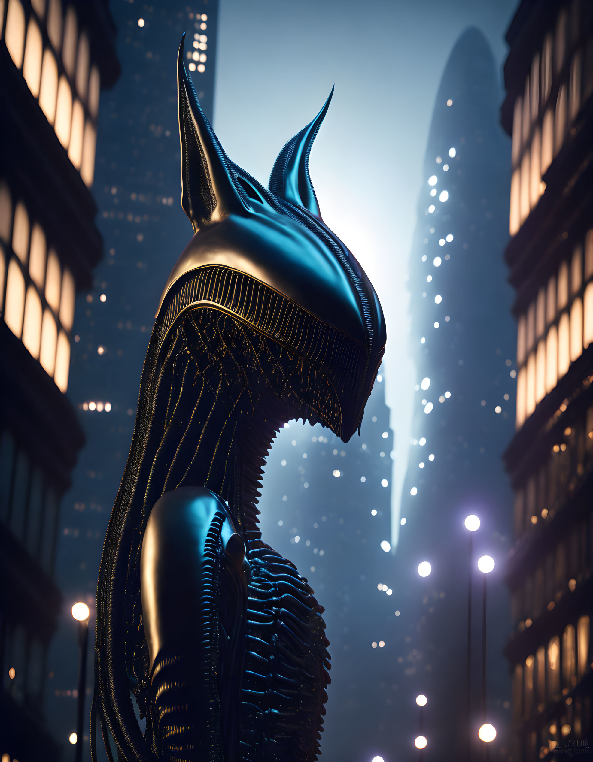 Glowing-eyed Anubis statue in futuristic cityscape at night