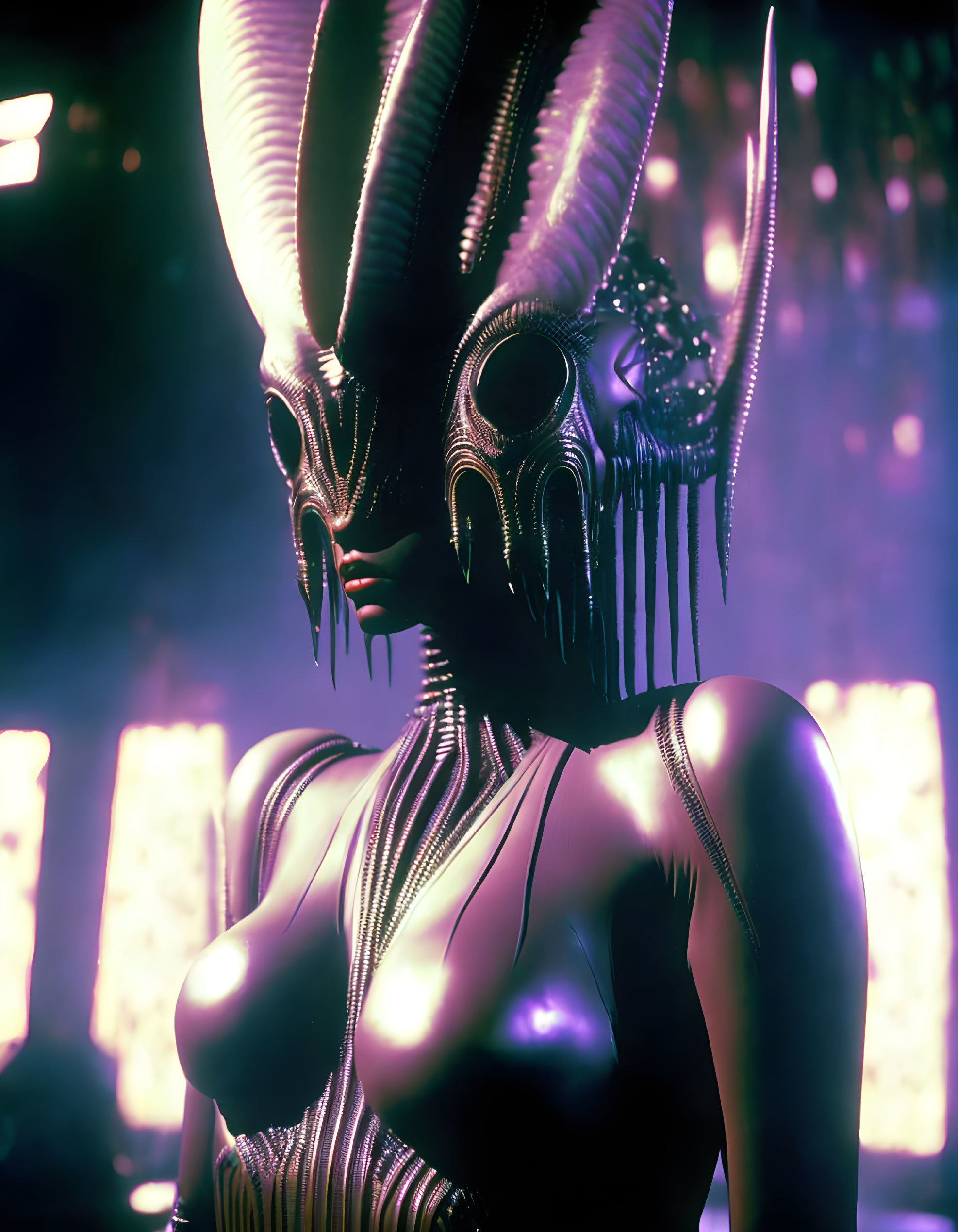 3D-rendered alien female with ornate headdress and bioluminescent skin on dark bo