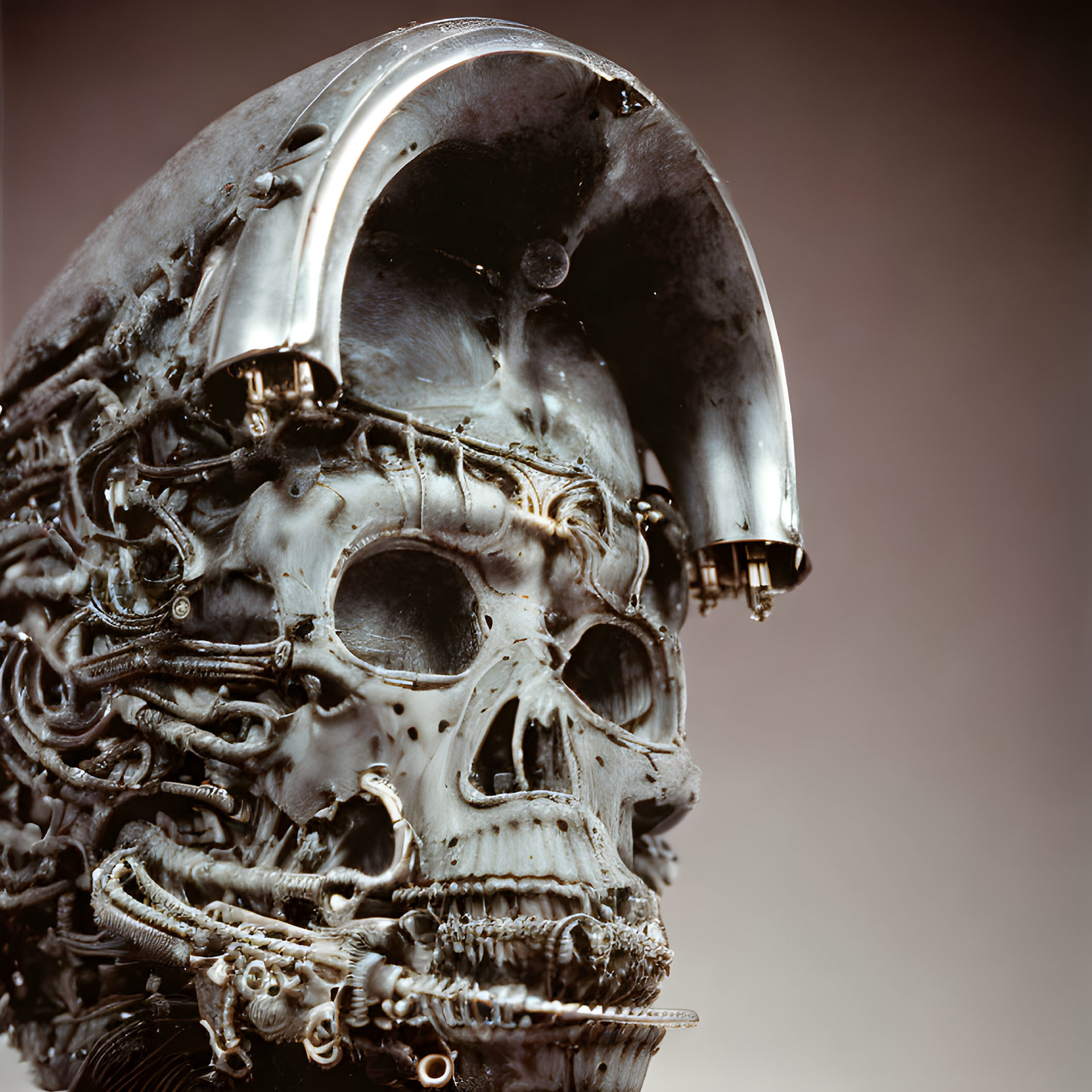 Detailed Metallic Skull Sculpture with Mechanical Components