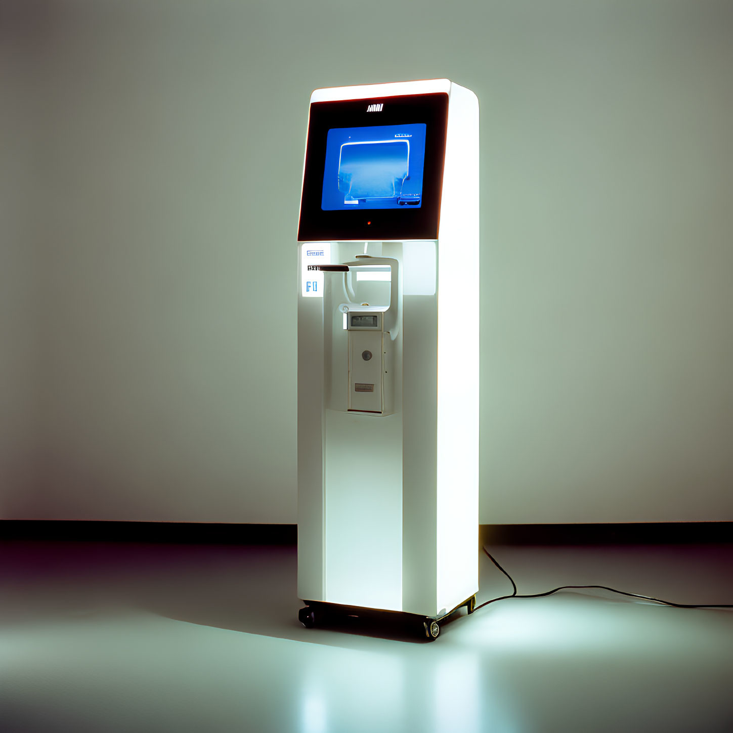 Modern kiosk with touchscreen, card reader, and printer on grey backdrop