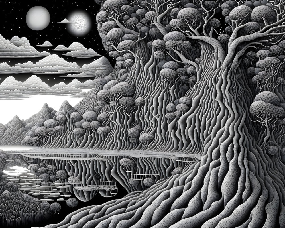 Monochromatic surreal landscape with large tree, undulating hills, floating islands, starry sky,