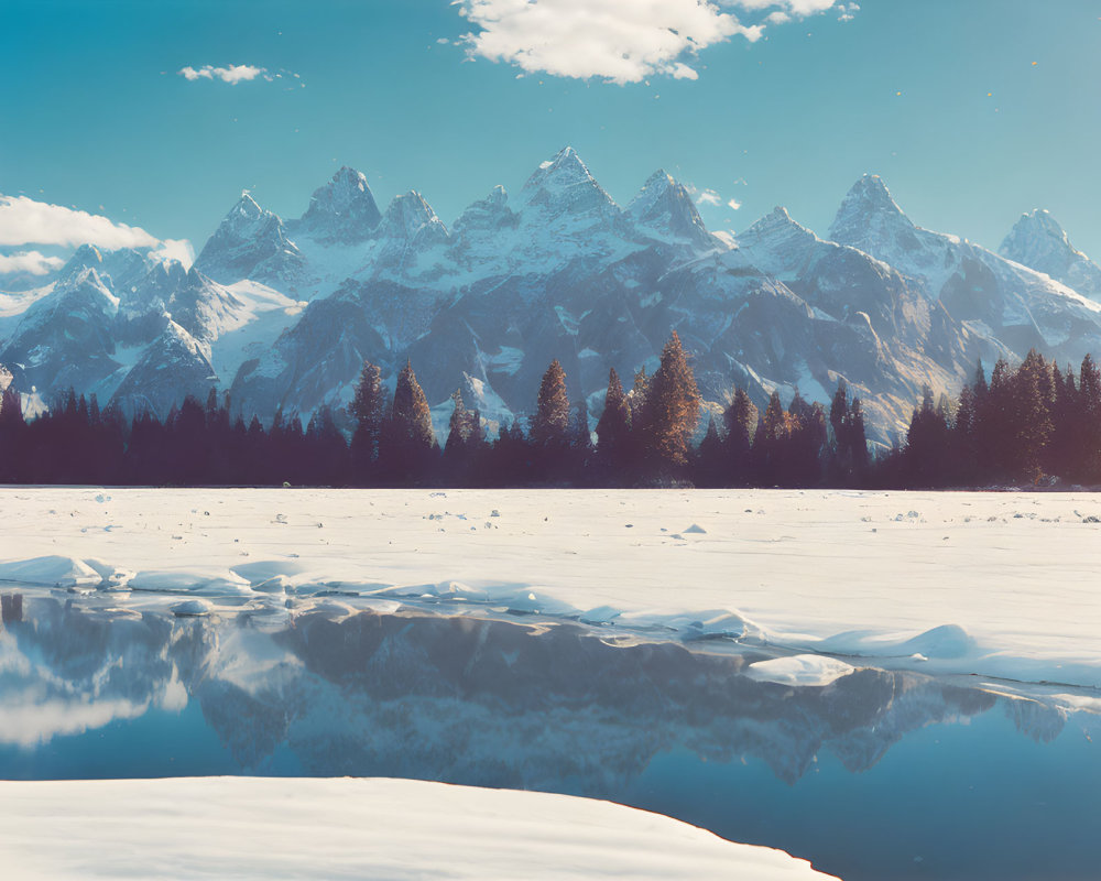 Snow-covered Foothills, Icy Lake, and Snow-Capped Peaks in Tranquil Winter Scene