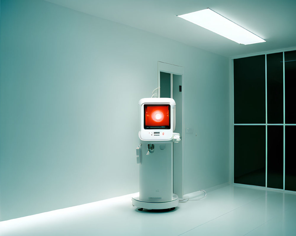 Futuristic room with glowing blue floors and walls, white robotic machine with red screen