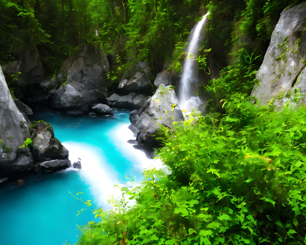 Tranquil turquoise stream in rocky landscape with waterfall