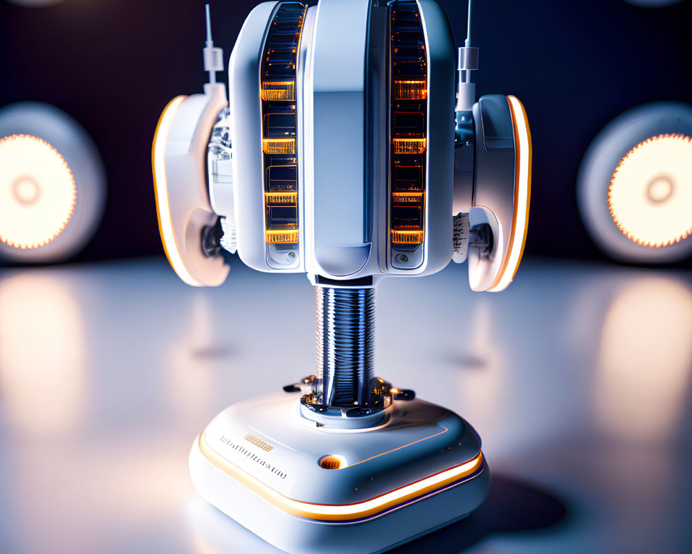 White and Orange Futuristic Robot with Circular Lights and Antennas on Glossy Floor