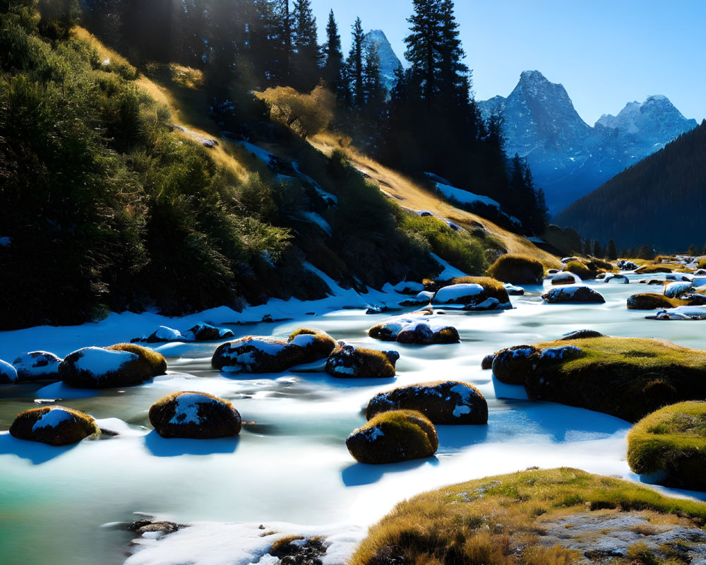 Tranquil Alpine Landscape with River, Snow, and Sunlit Peaks