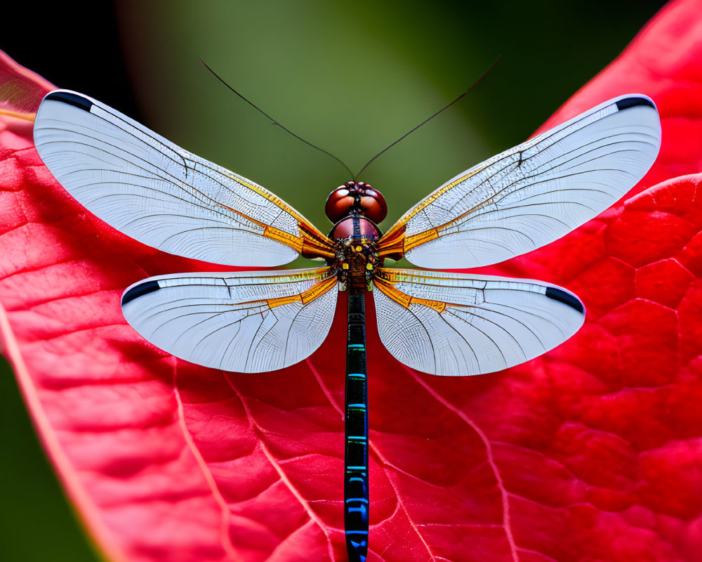 Colorful Dragonfly Resting on Red Leaf with Translucent Wings