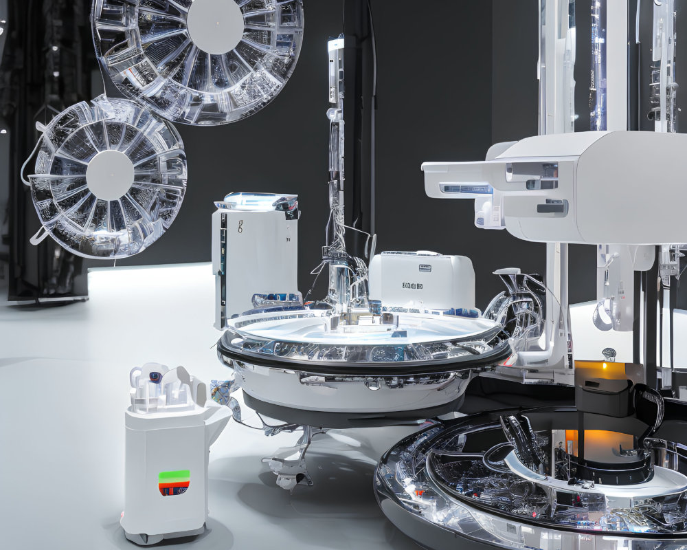 Futuristic laboratory with robotic arms and advanced machinery