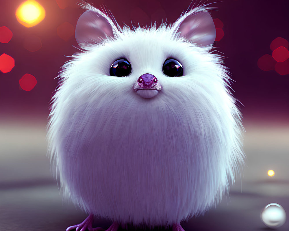 Fluffy White Creature with Expressive Eyes on Purple Background