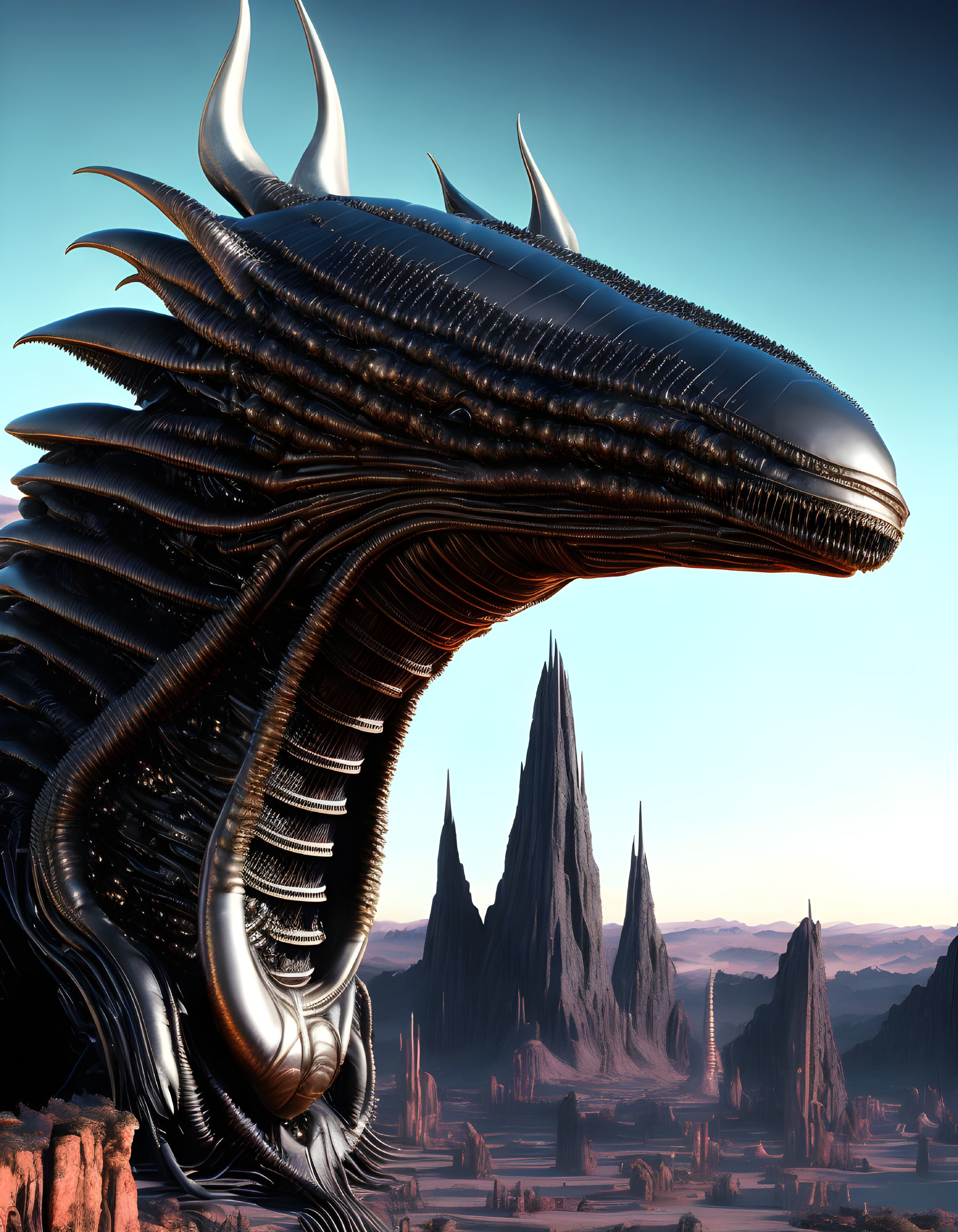 Majestic black dragon with horns in rocky desert landscape