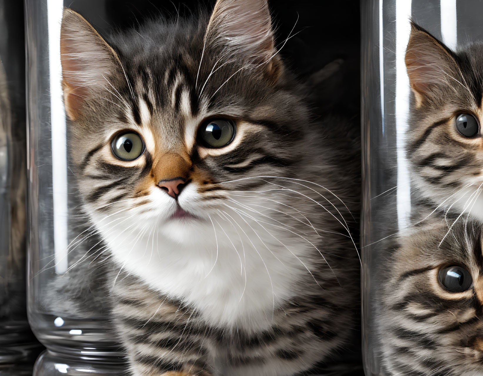 Fluffy tabby kitten with yellow eyes between reflective surfaces