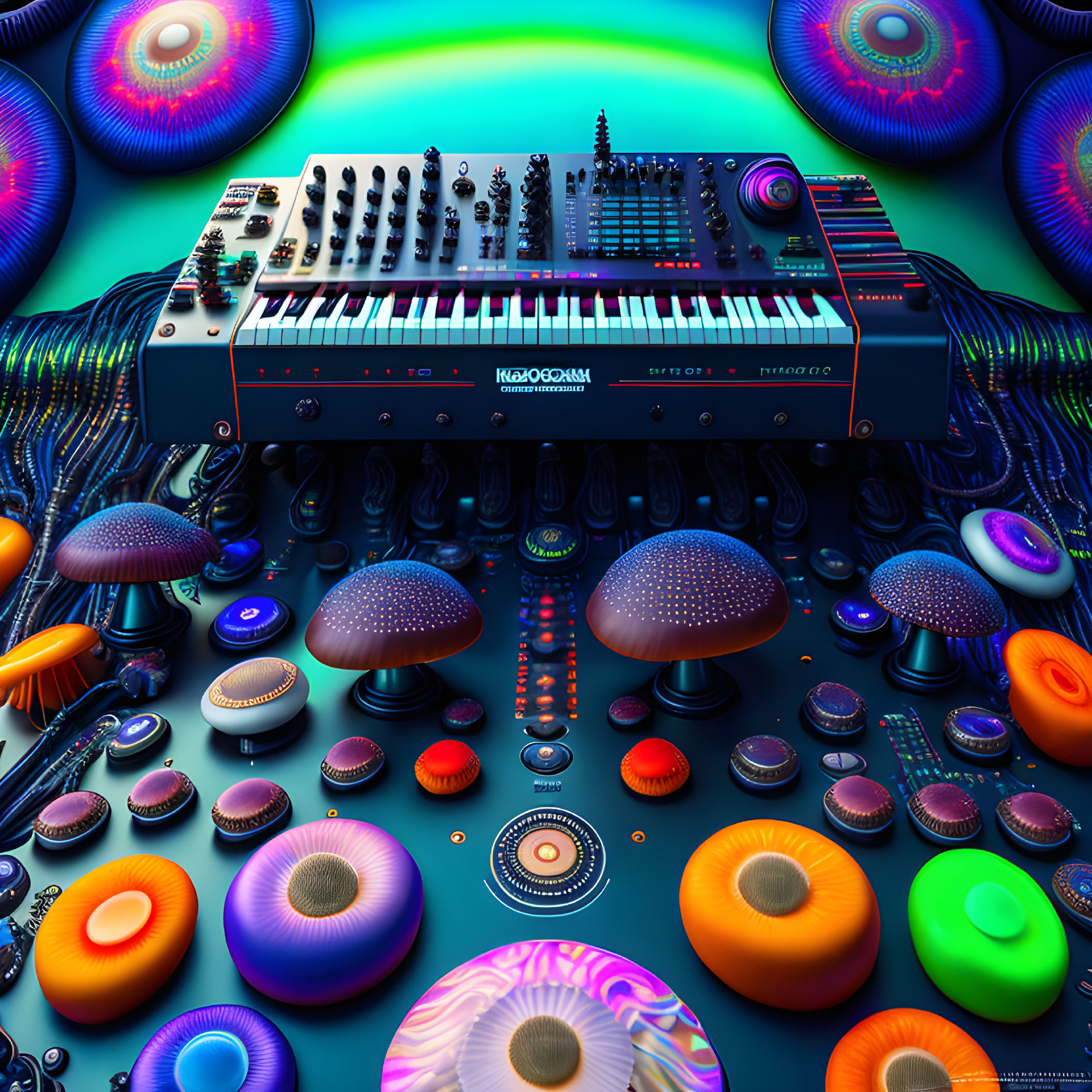 Colorful Synthesizer Image with Psychedelic Patterns and Mushroom Shapes