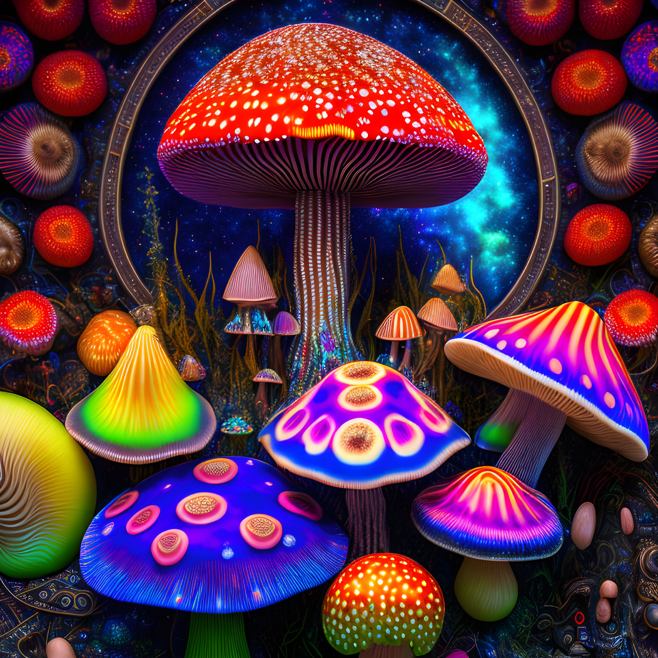 Colorful Fantastical Mushroom Artwork Against Cosmic Backdrop