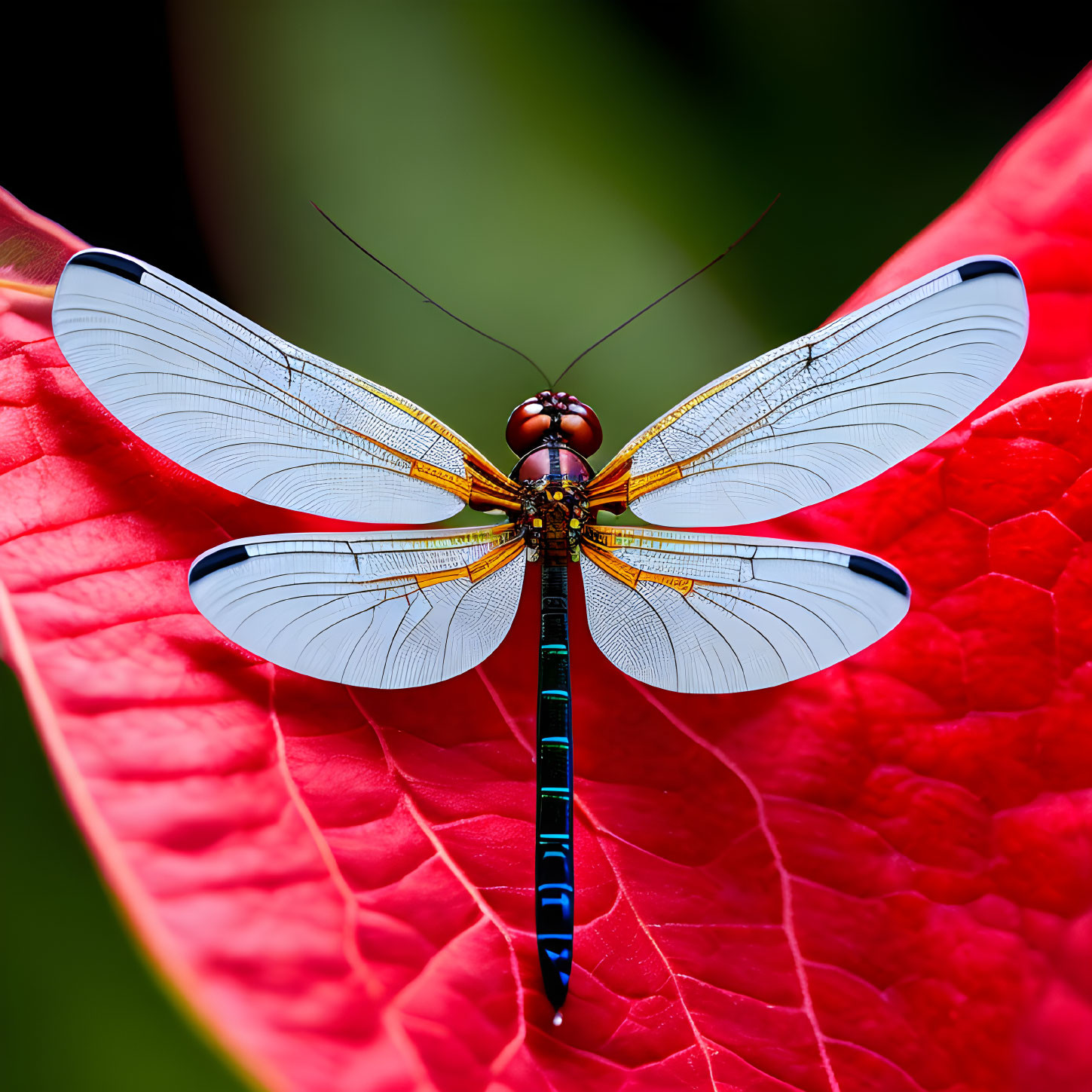 Colorful Dragonfly Resting on Red Leaf with Translucent Wings