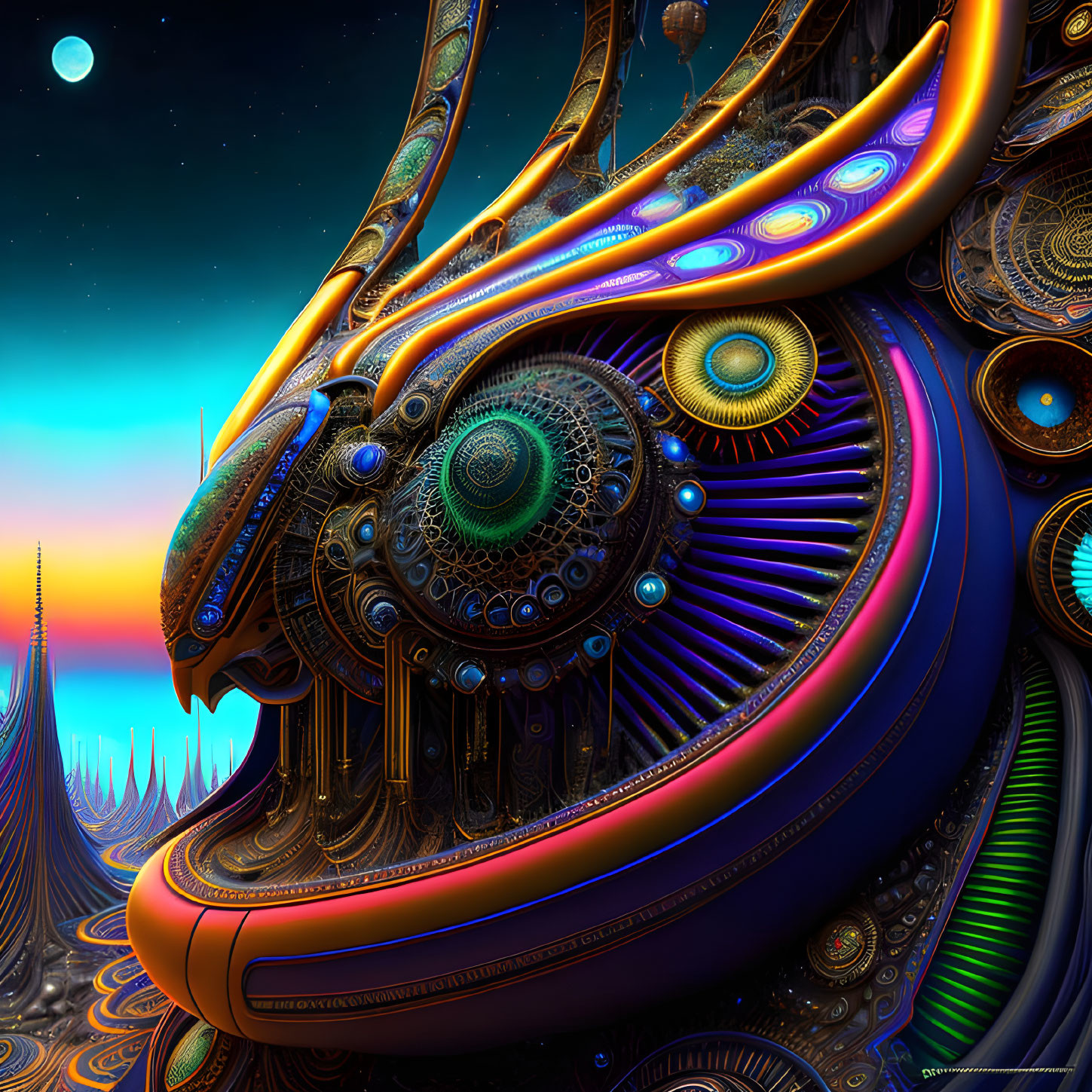 Colorful abstract artwork of futuristic mechanical structure