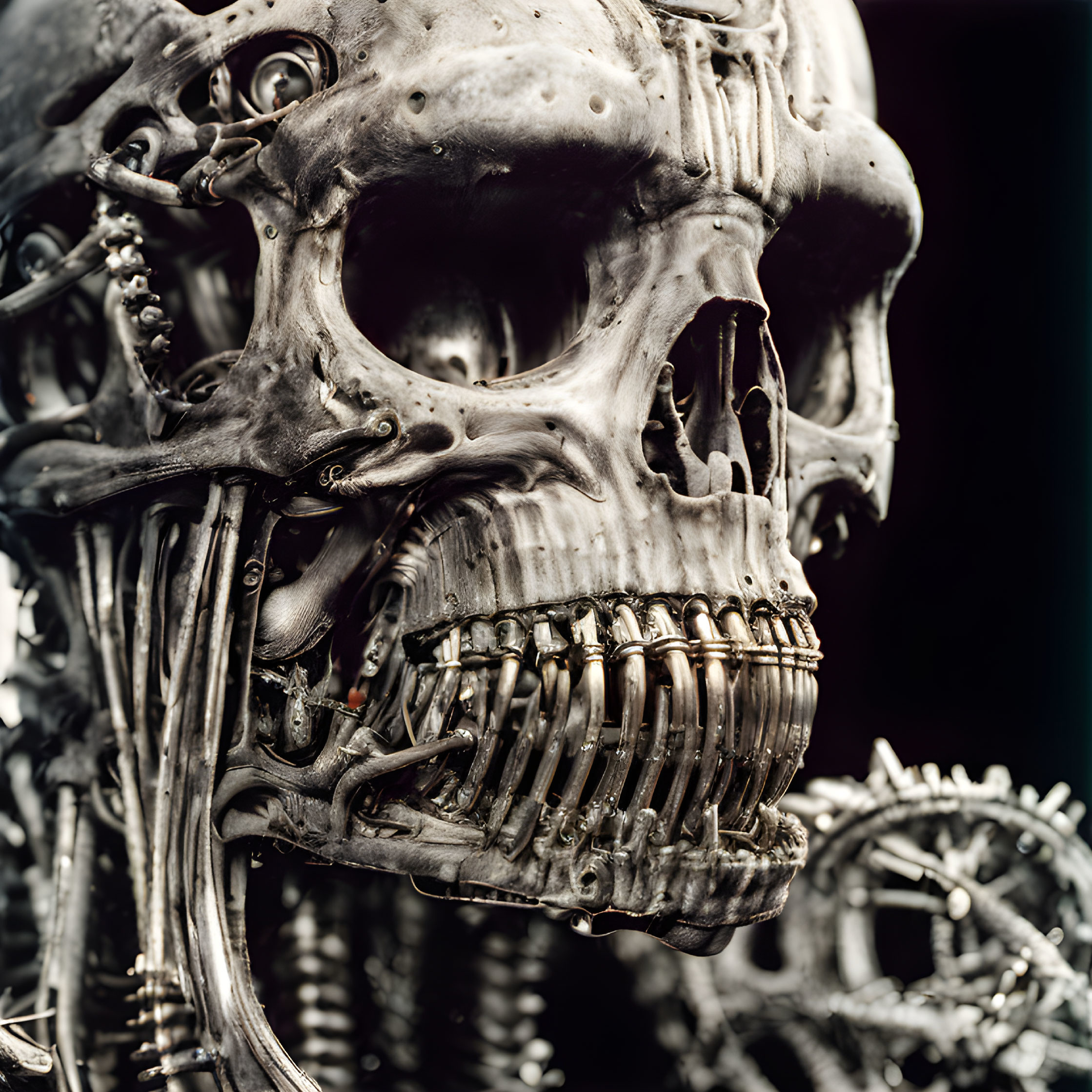 Metallic skull with mechanical gears on dark background