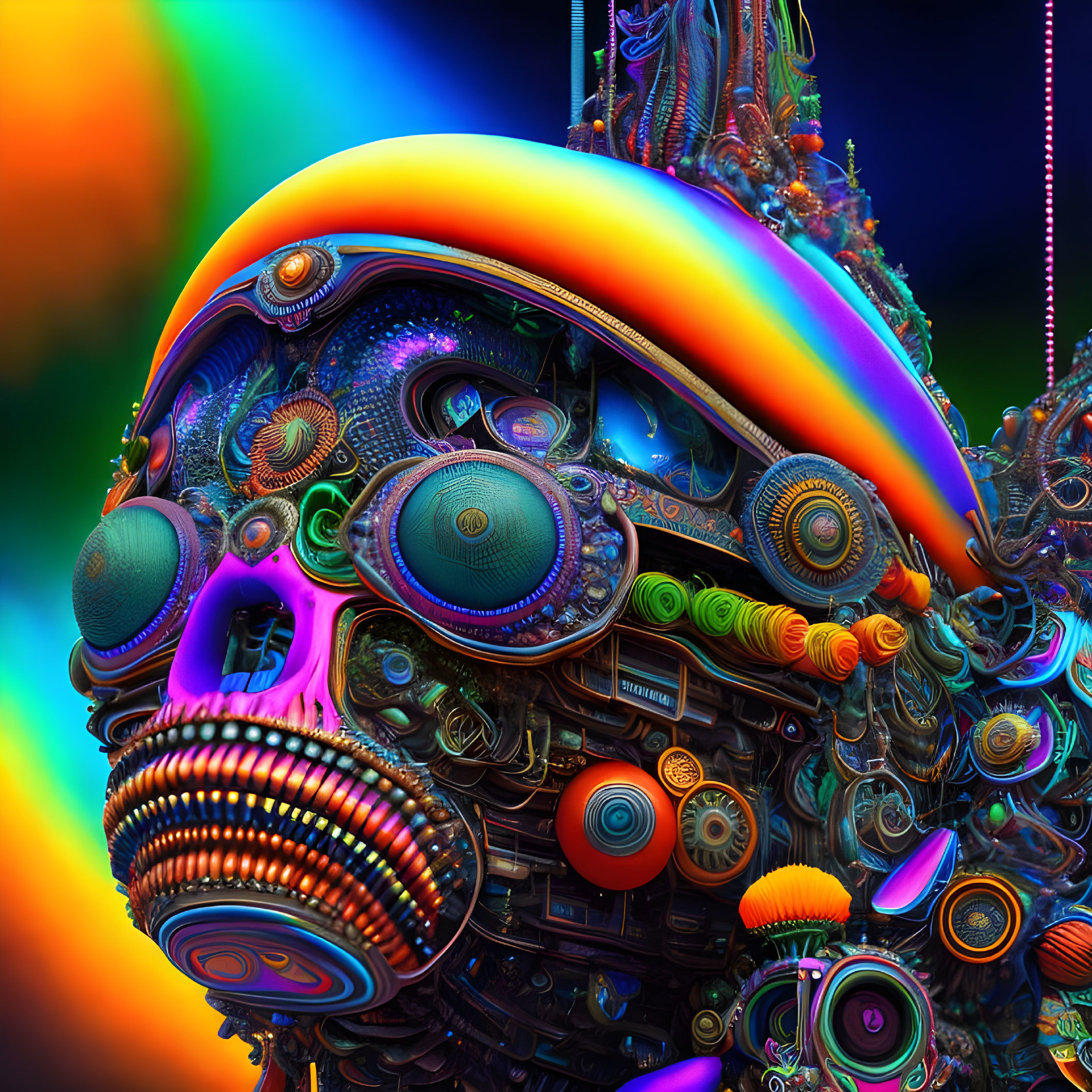 Colorful surreal artwork: robotic skull with rainbow against vibrant backdrop