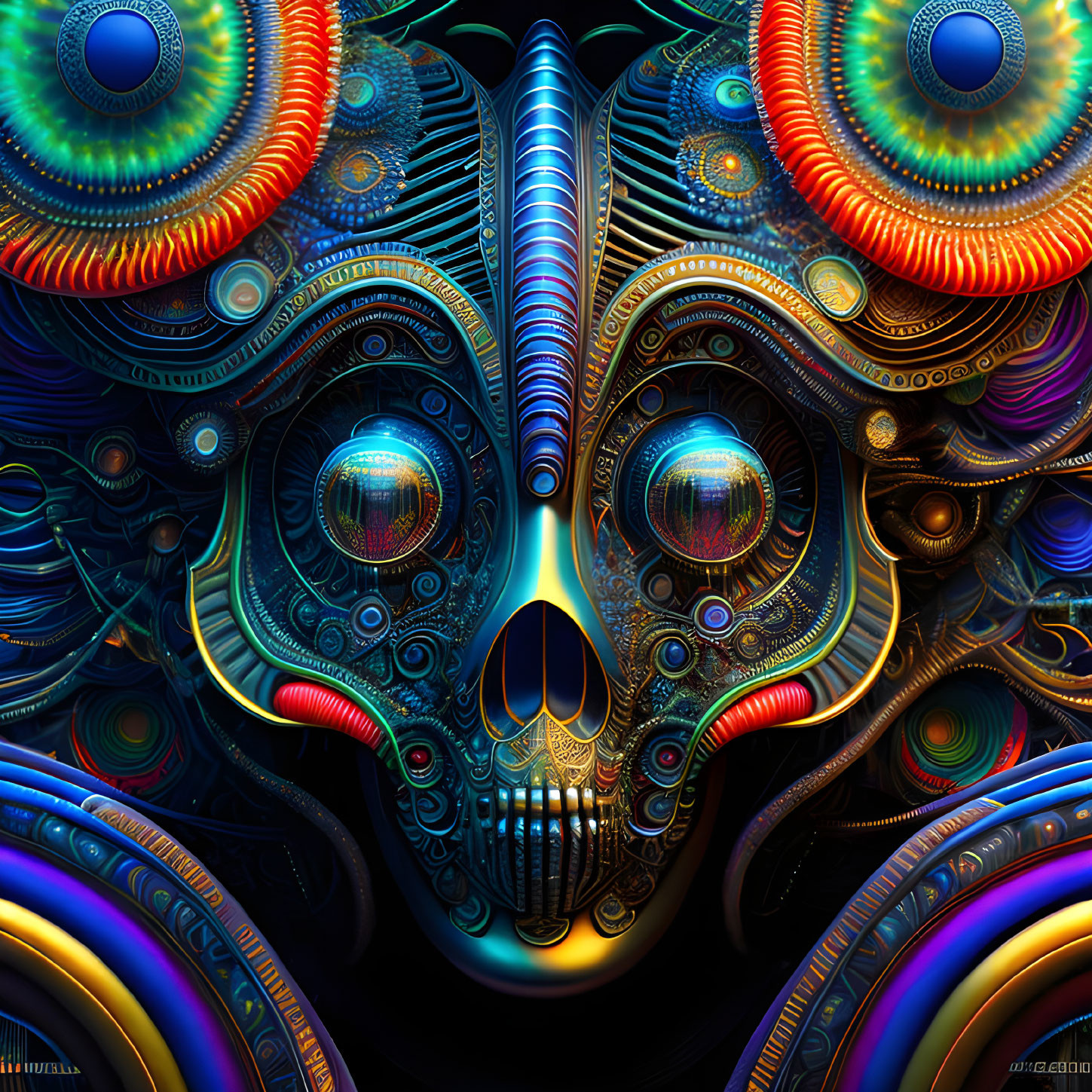 Symmetrical abstract digital artwork with skull-like center and colorful mechanical patterns