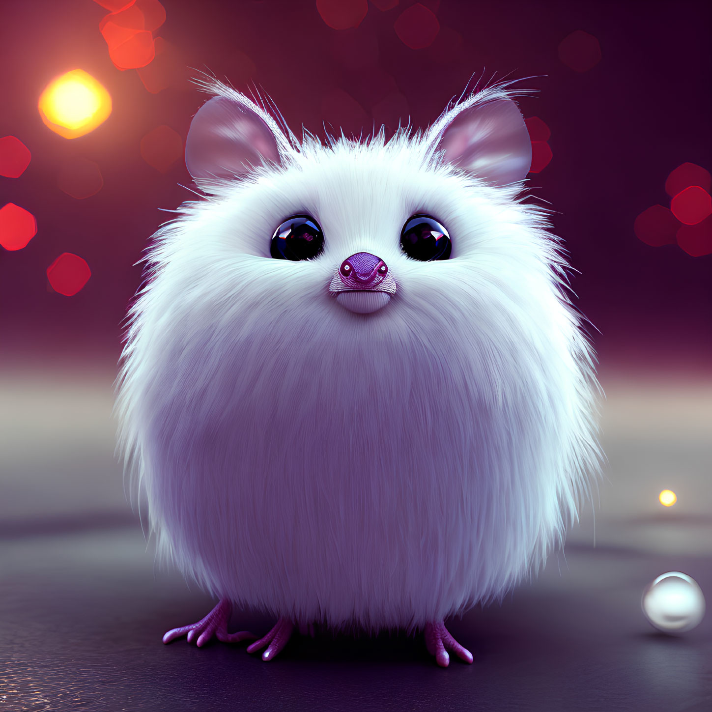 Fluffy White Creature with Expressive Eyes on Purple Background