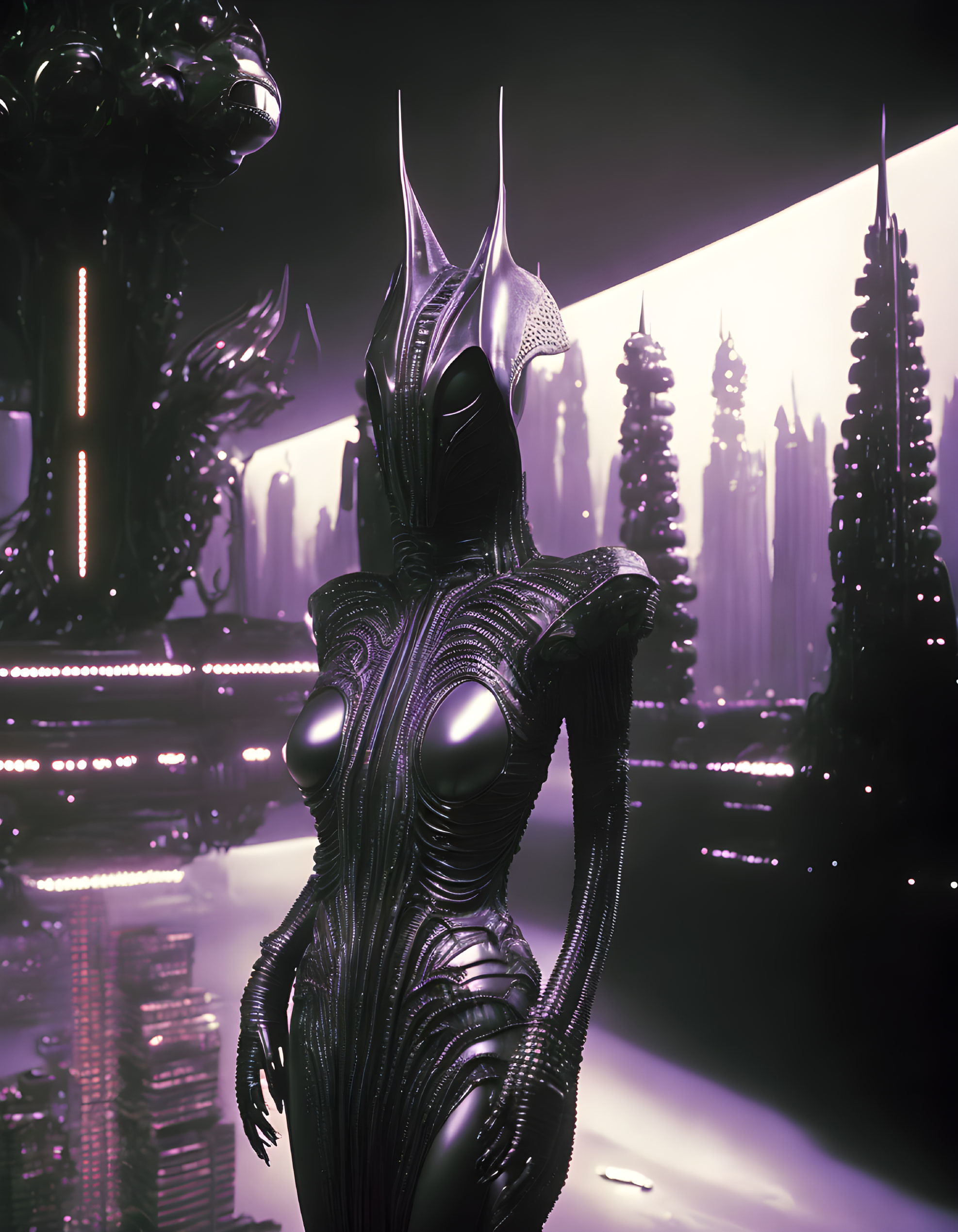 Armored figure overlooking neon-lit cityscape with futuristic spires under purple sky