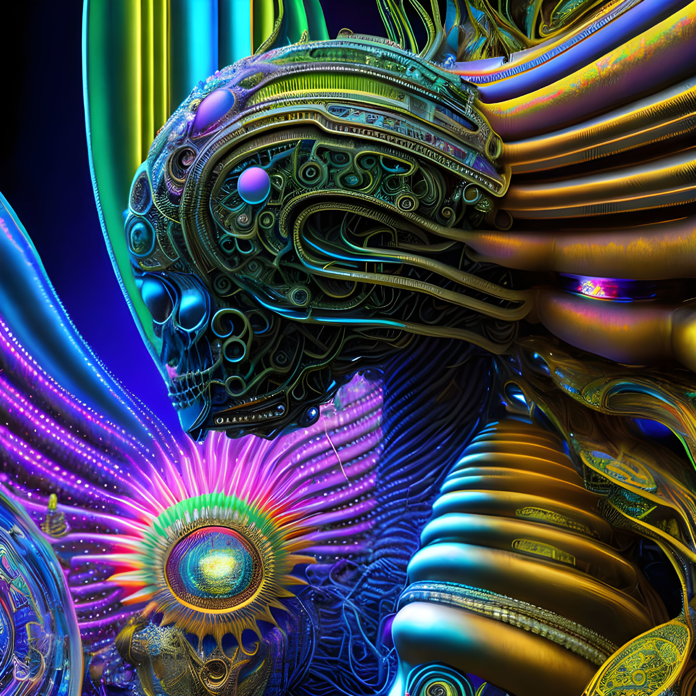 Colorful digital artwork of a robotic head with intricate patterns and neon fractals