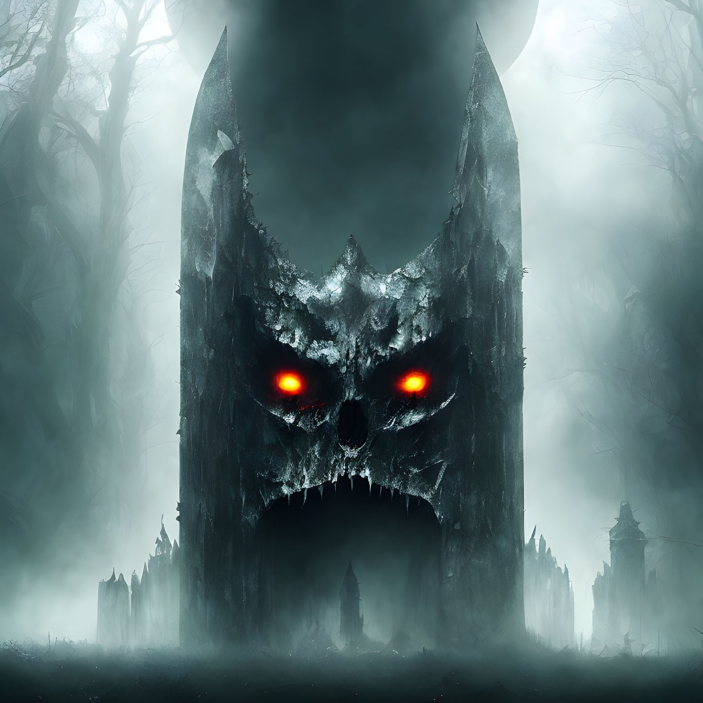 Dark Castle with Glowing Red Eyes and Open Mouth Gateway Among Foggy Trees