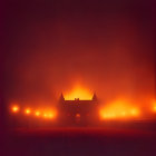 Misty red night scene with castle silhouette