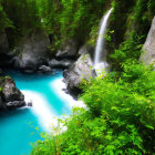 Tranquil turquoise stream in rocky landscape with waterfall