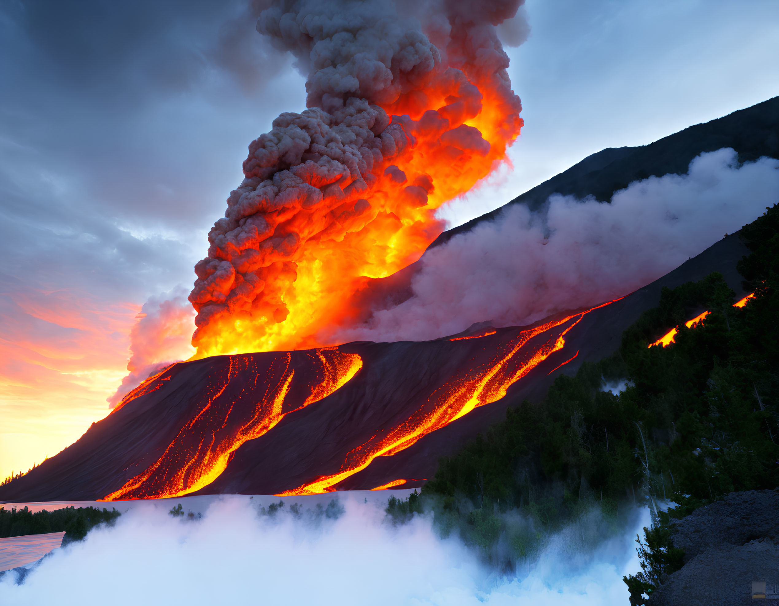 Dramatic volcanic eruption with glowing lava flows and fiery ash clouds