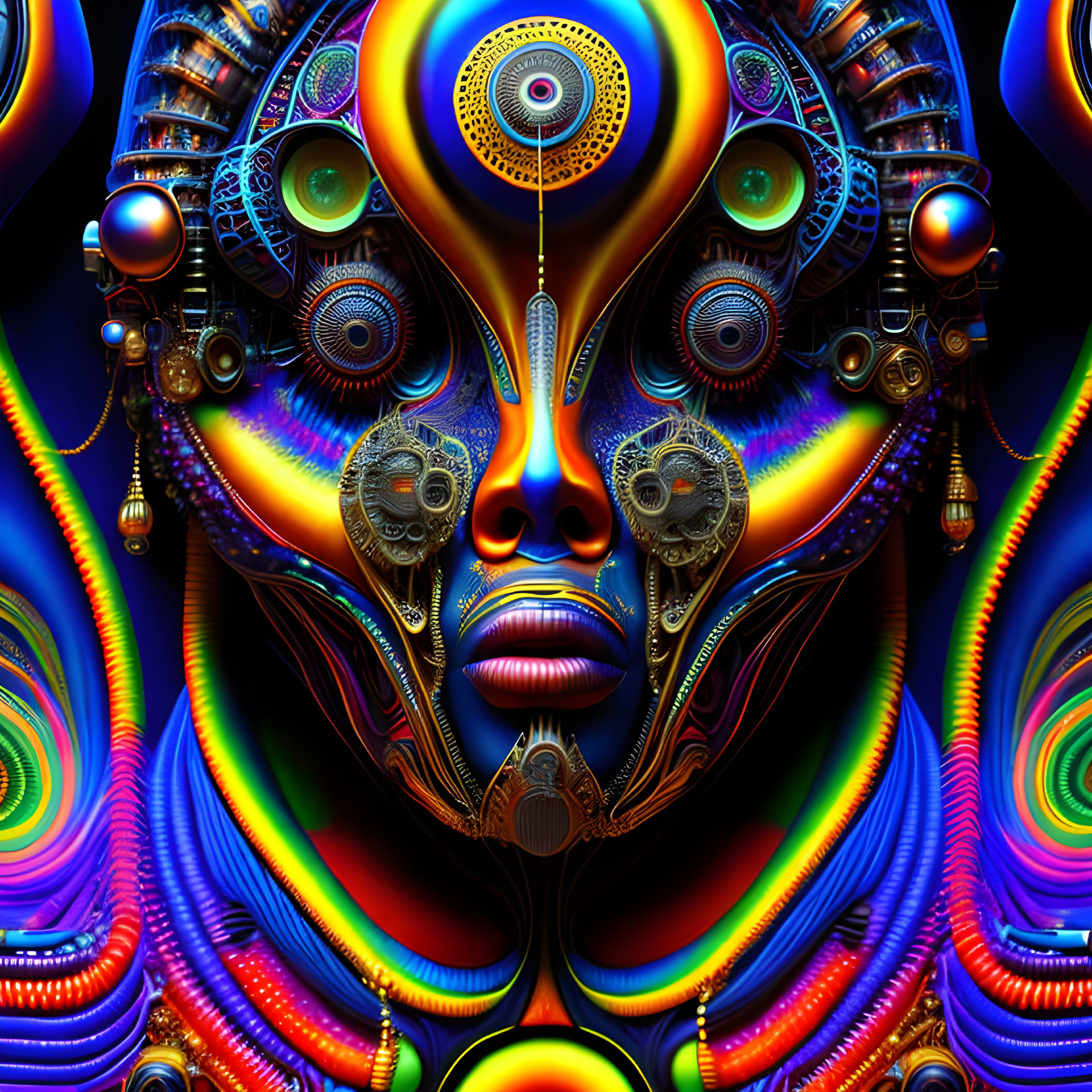 Symmetrical Psychedelic Face Art with Colorful Patterns