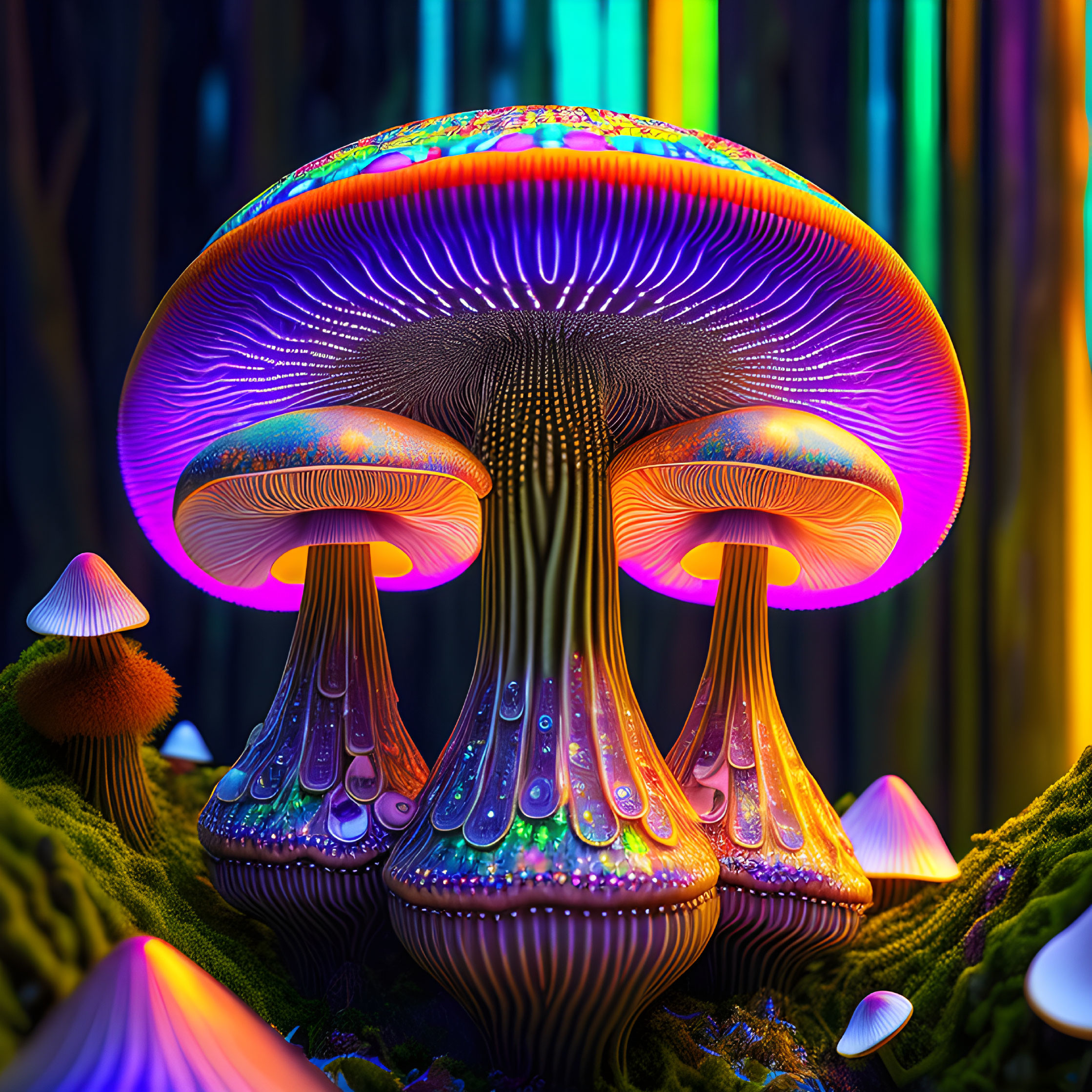 Neon-lit bioluminescent mushrooms with intricate gill patterns