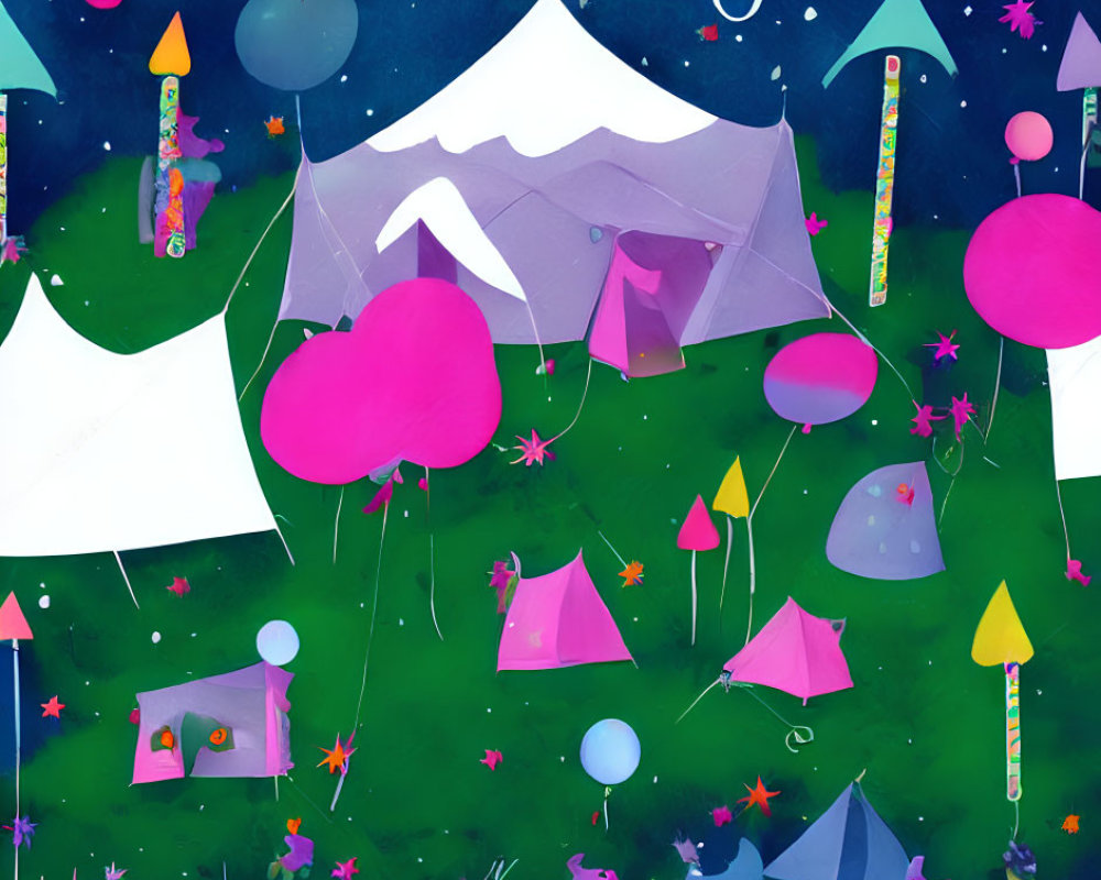 Vibrant nighttime birthday scene with tents, balloons, and starlit backdrop