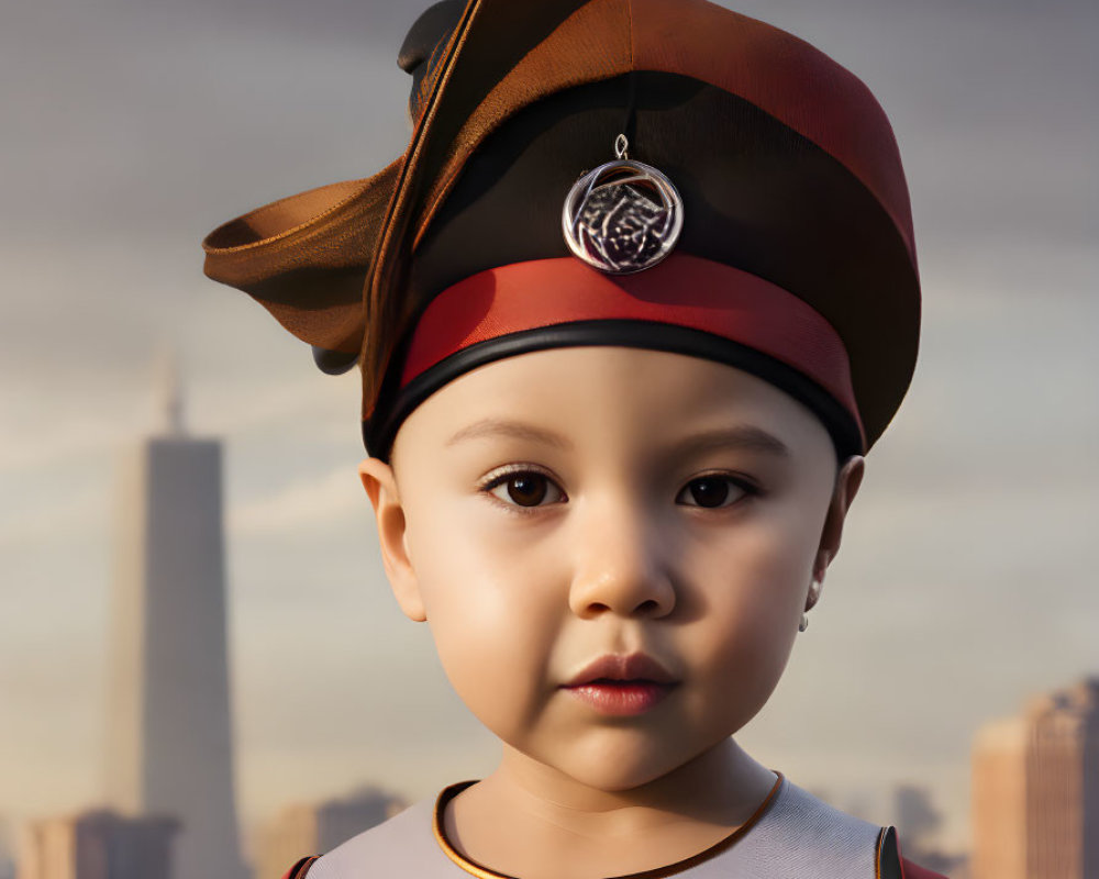 Young child in uniform cap gazes solemnly at camera with blurred city skyline.