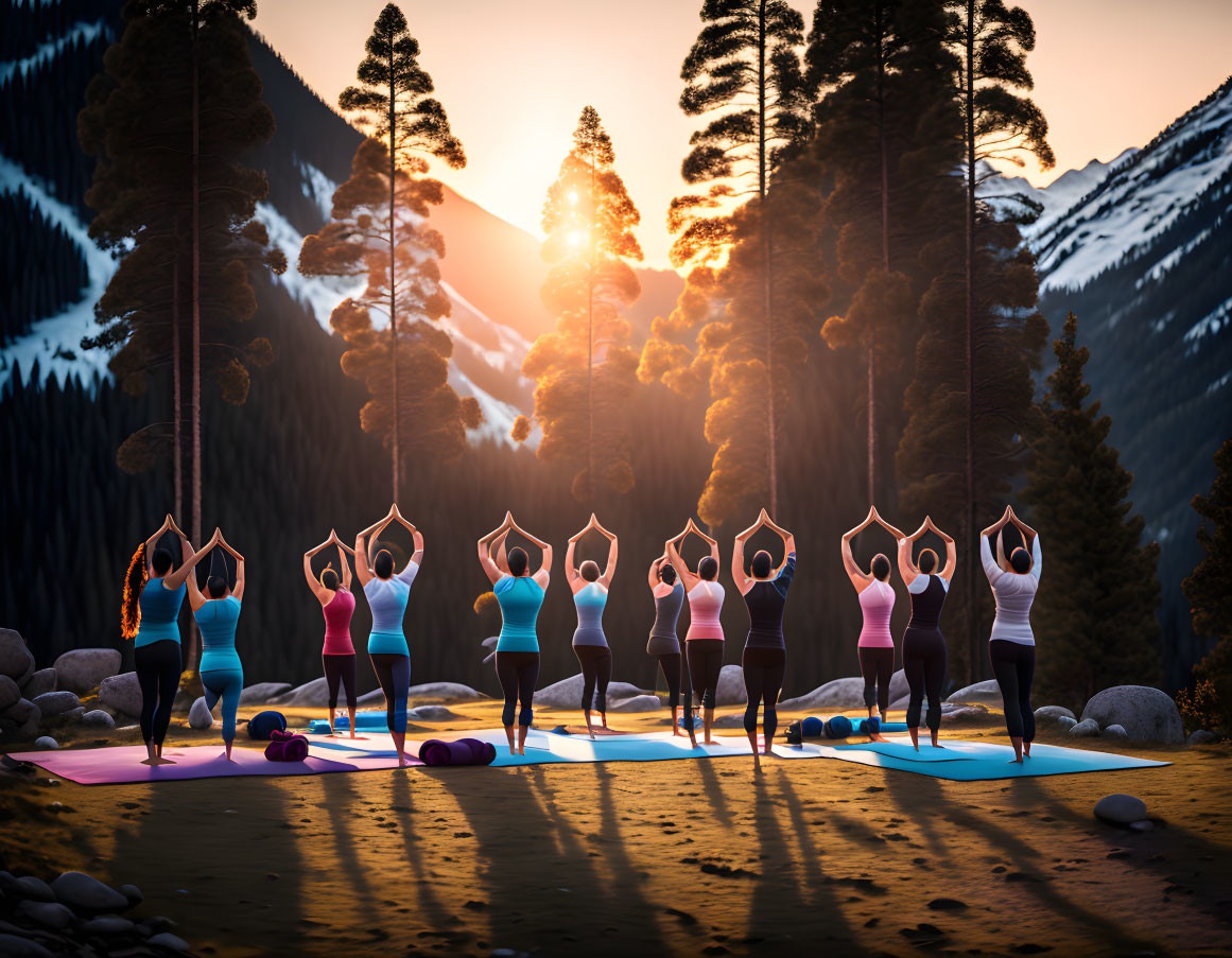 Group practicing yoga outdoors at sunrise with snowy mountains and tall trees