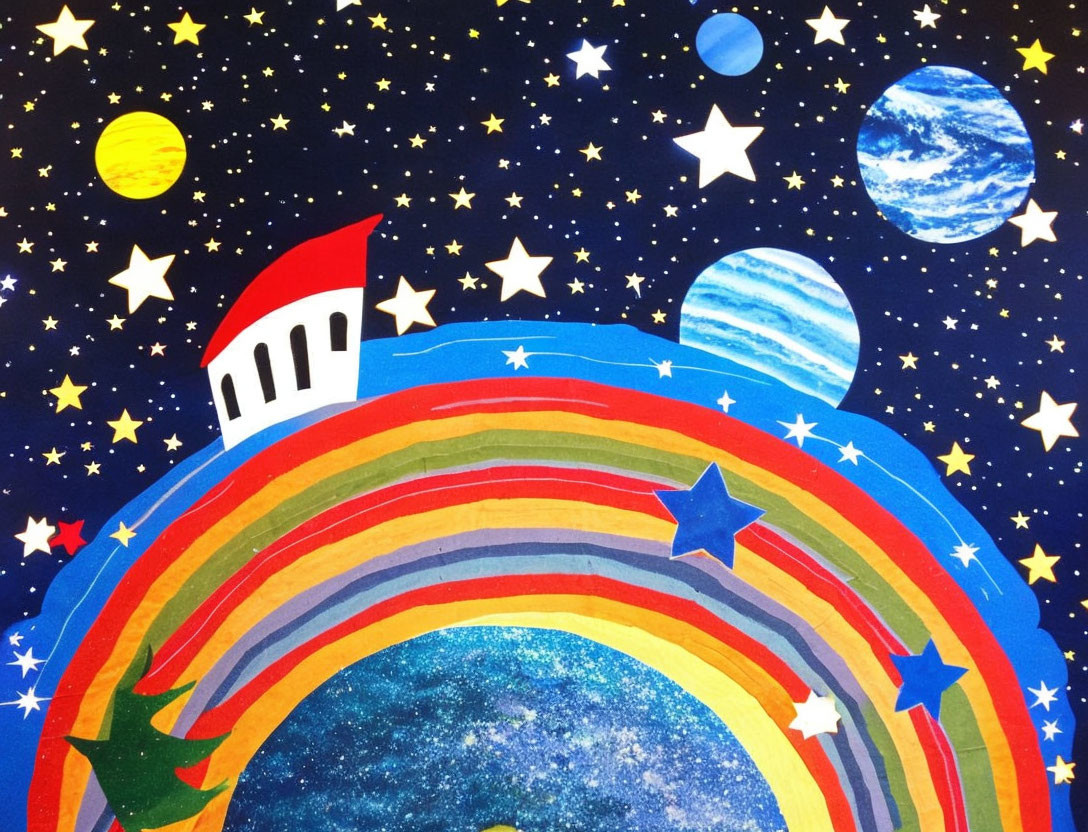 Colorful Rainbow Bridge to Cosmic Castle Amidst Stars and Planets