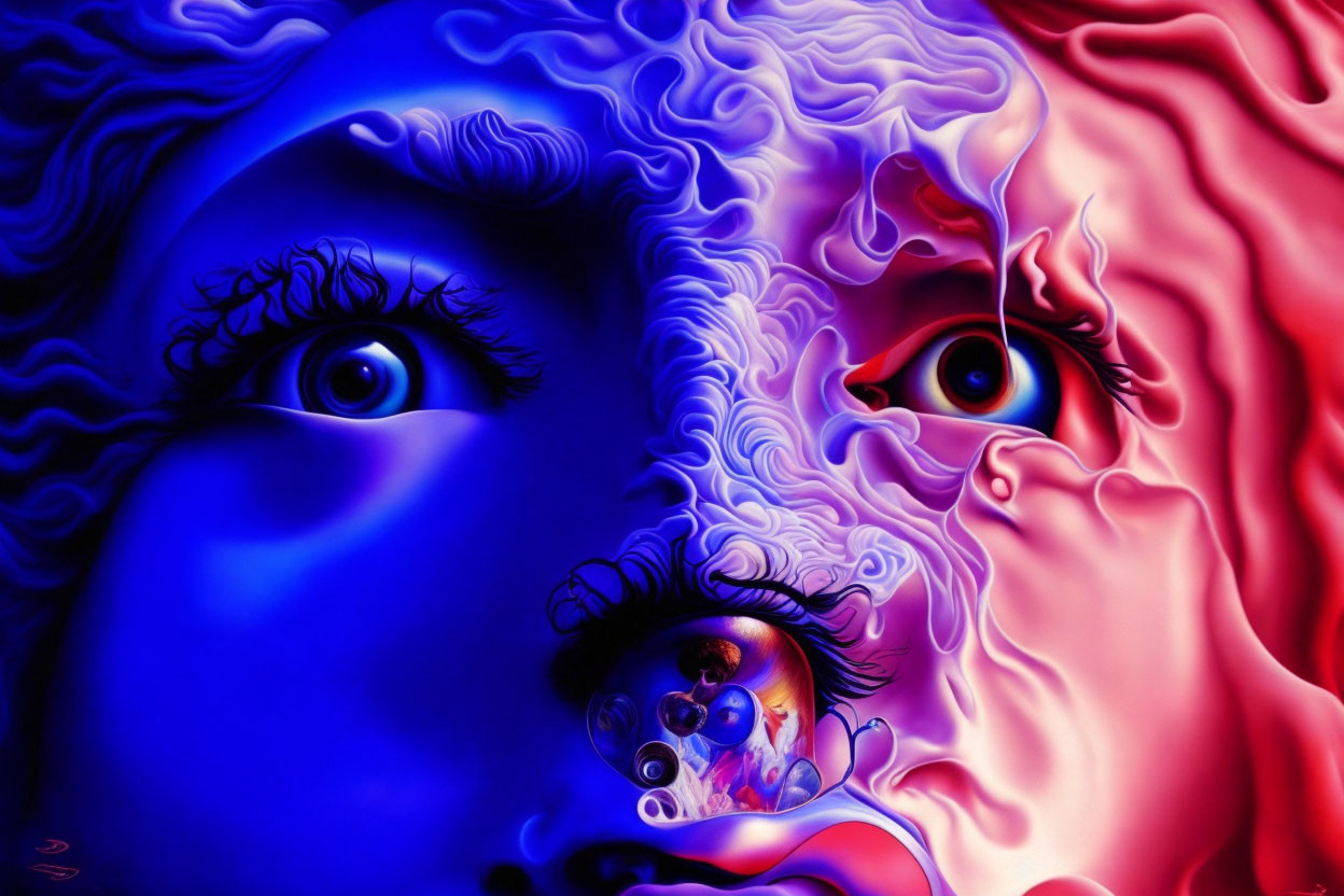 Abstract digital artwork: Vibrant faces in blue and red hues with swirling textures and detailed eyes