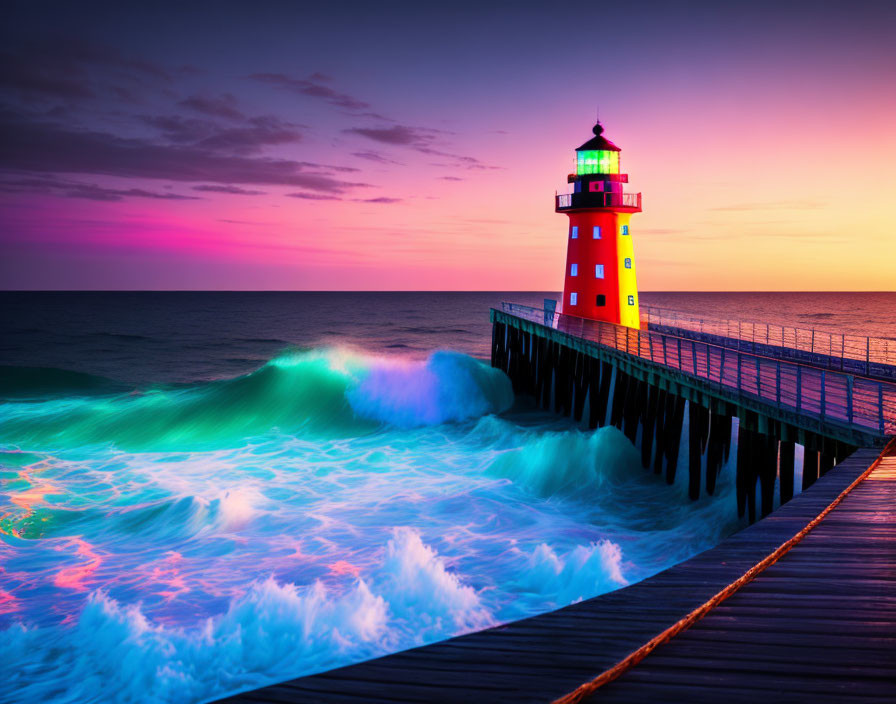 Vibrant sunset sky over seaside lighthouse and crashing waves