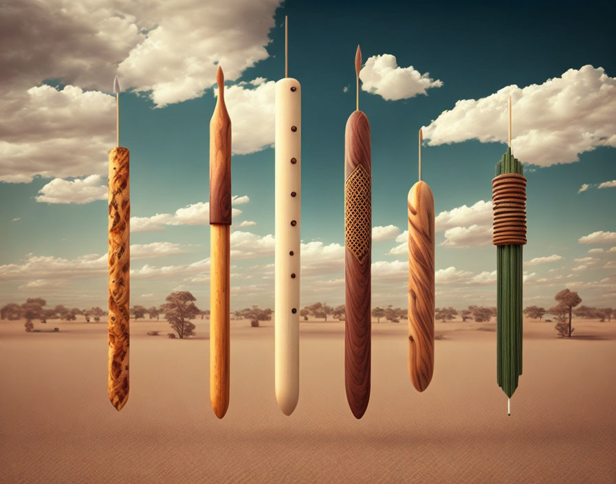 Whimsical oversized wooden flutes in desert landscape