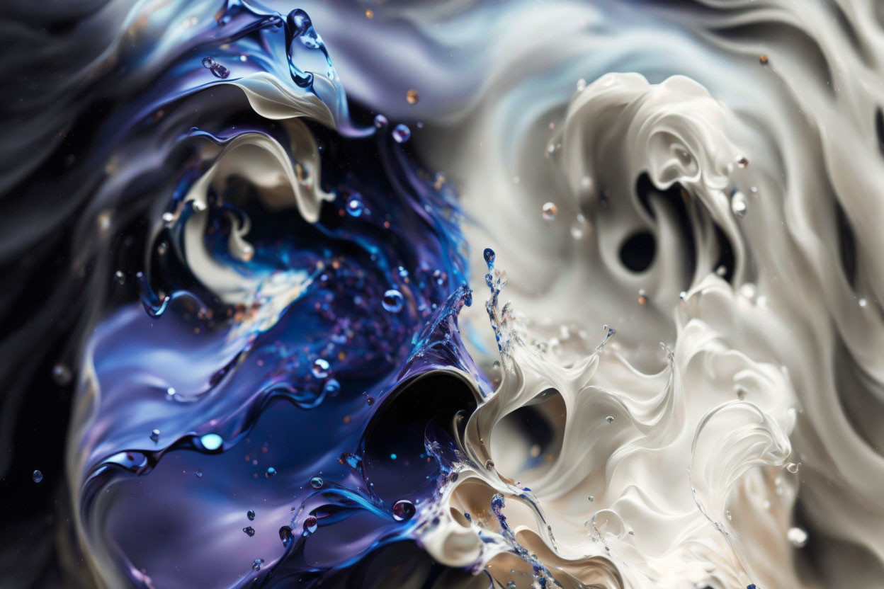 Blue, White, and Black Abstract Swirls: Marbled Patterns and Dynamic Waves