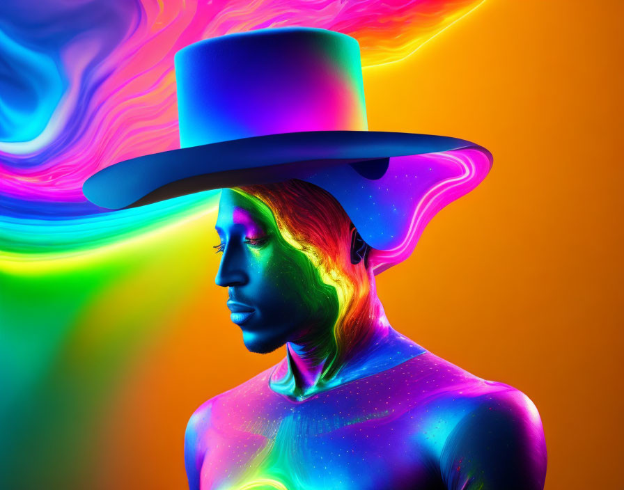 Vibrant neon body paint person with top hat on multicolored background