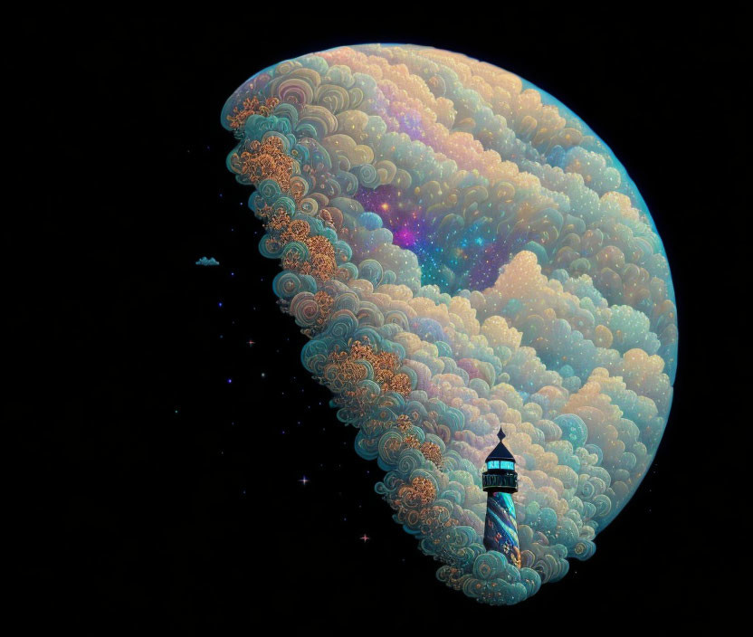 Colorful Cloud Moon with Lighthouse and Stars